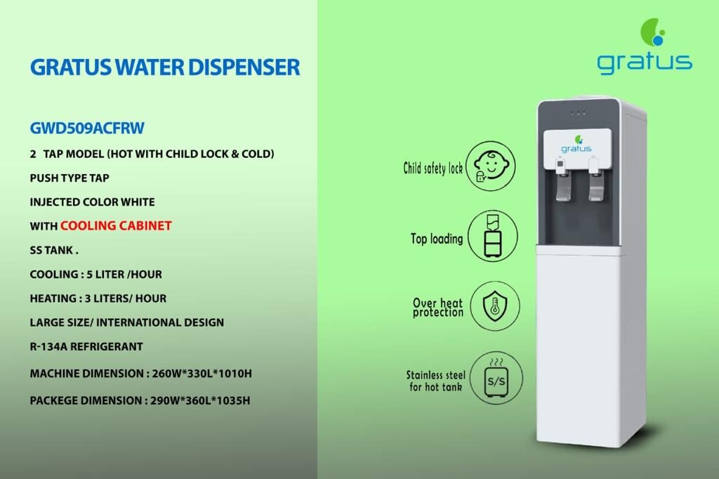 Gratus Hot & Cold Water Dispenser with Inbuilt Refrigerator | 2 Tap Floor Standing Top Loading | Child Safety Lock | 1-Year Full & 2-Year Compressor Warranty | GWD509ACFRW product detail image