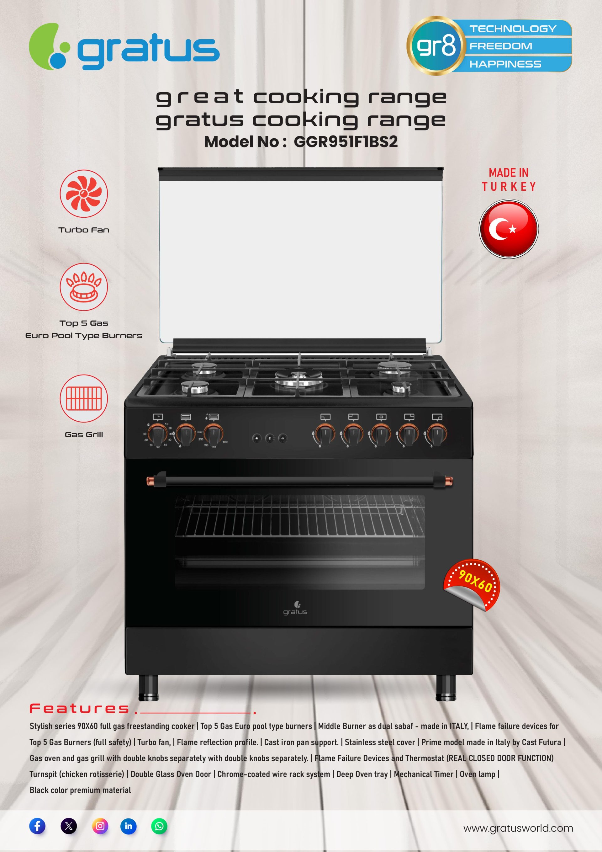 Gratus 90 X 60 cm Free Standing Full Safety Cooker (Black) product detail image