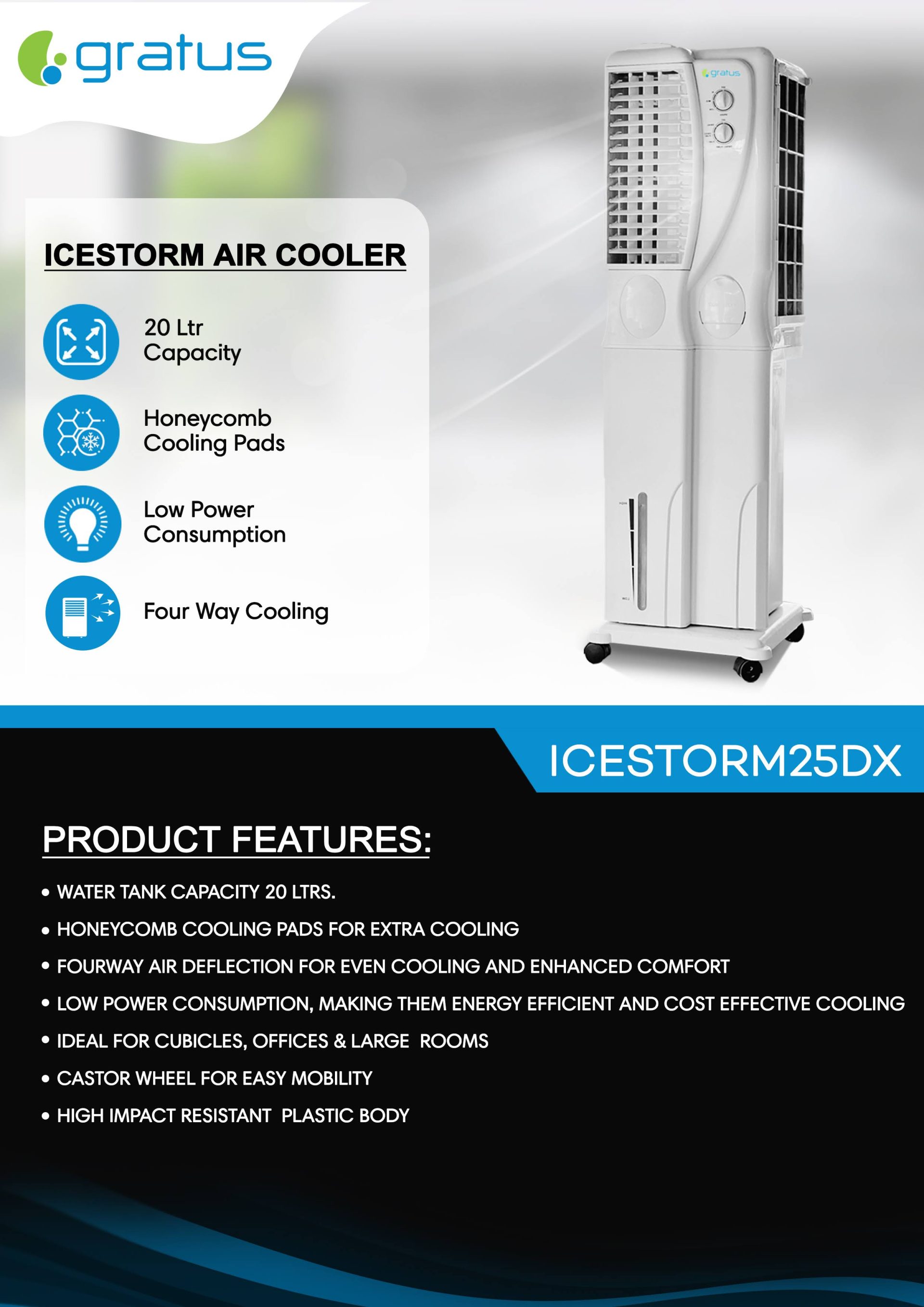 Gratus IceStorm25 20L Evaporative Air Cooler with Four-Way Air Deflection & Honeycomb Cooling Pads – Model ICESTORM25 product detail image