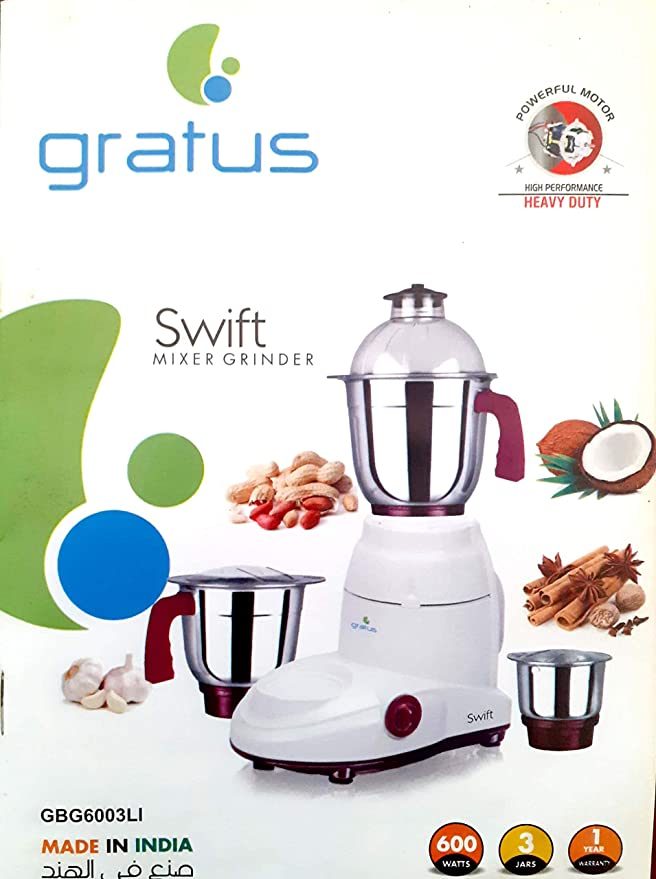 Gratus 600W Mixer Grinder with 3 Stainless Steel Jars image 3