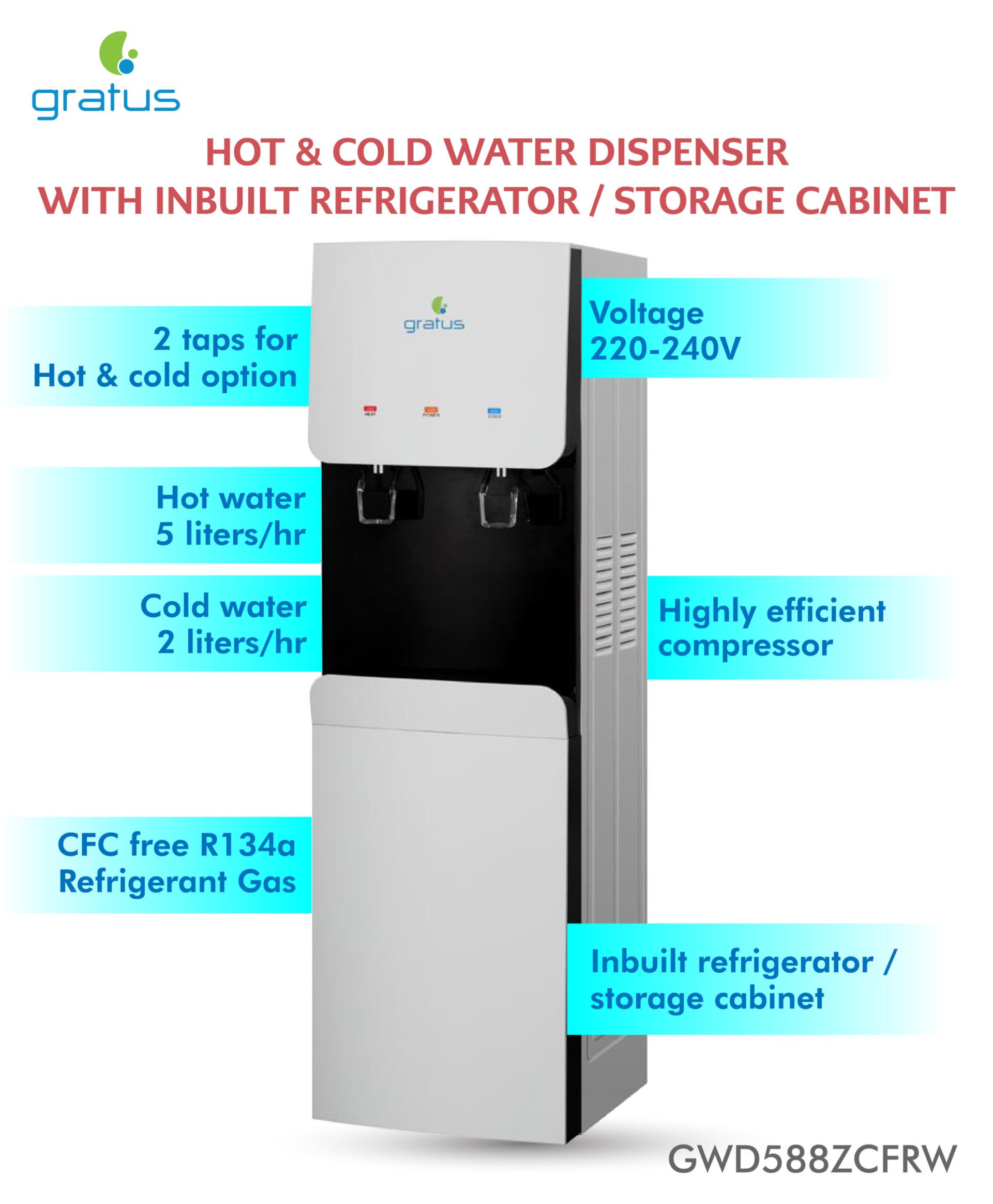 Gratus Hot & Cold Water Dispenser with Refrigerator image 3