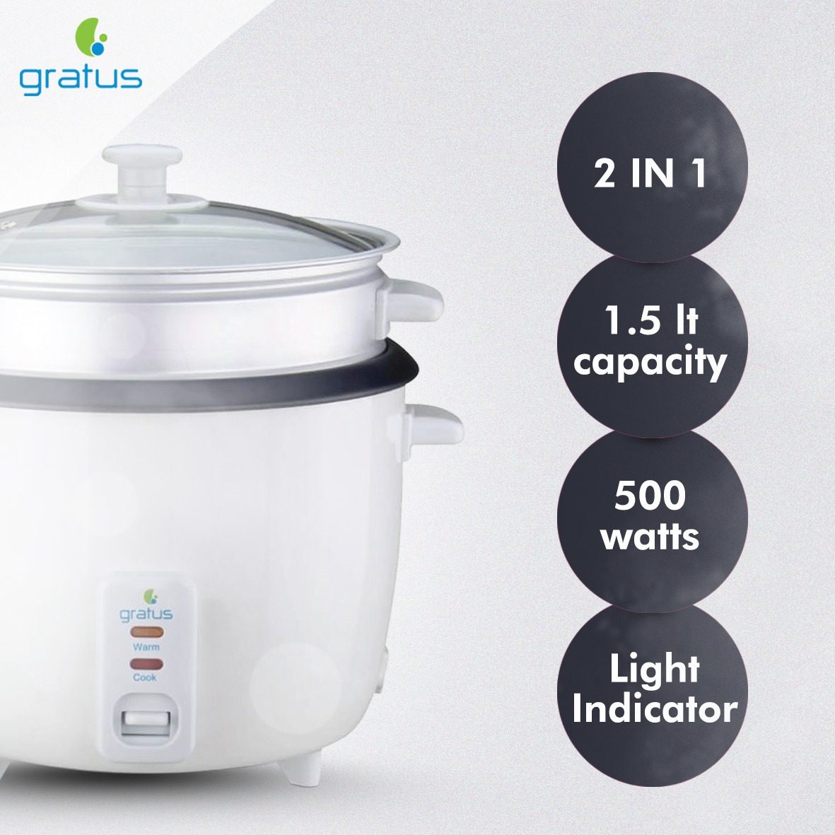 Gratus 2-in-1 Electric Rice Cooker 1.5L with Cook & Keep Warm Function (White) – GRC15500GBC image 6