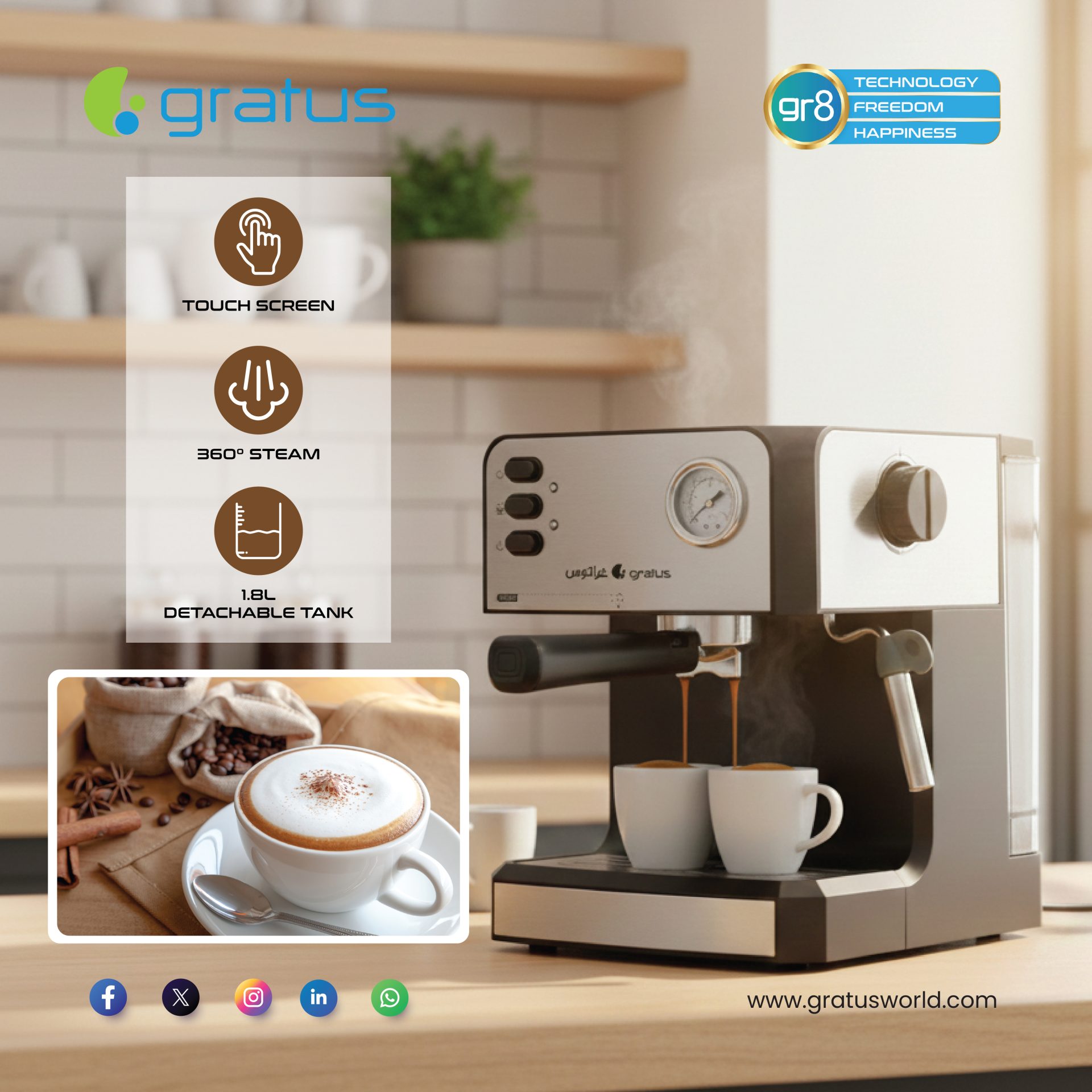Gratus Semi-Automatic Espresso Coffee Machine | 20 Bar Pump | 850W | Smart Touch Screen | GCM620DXFS image 3