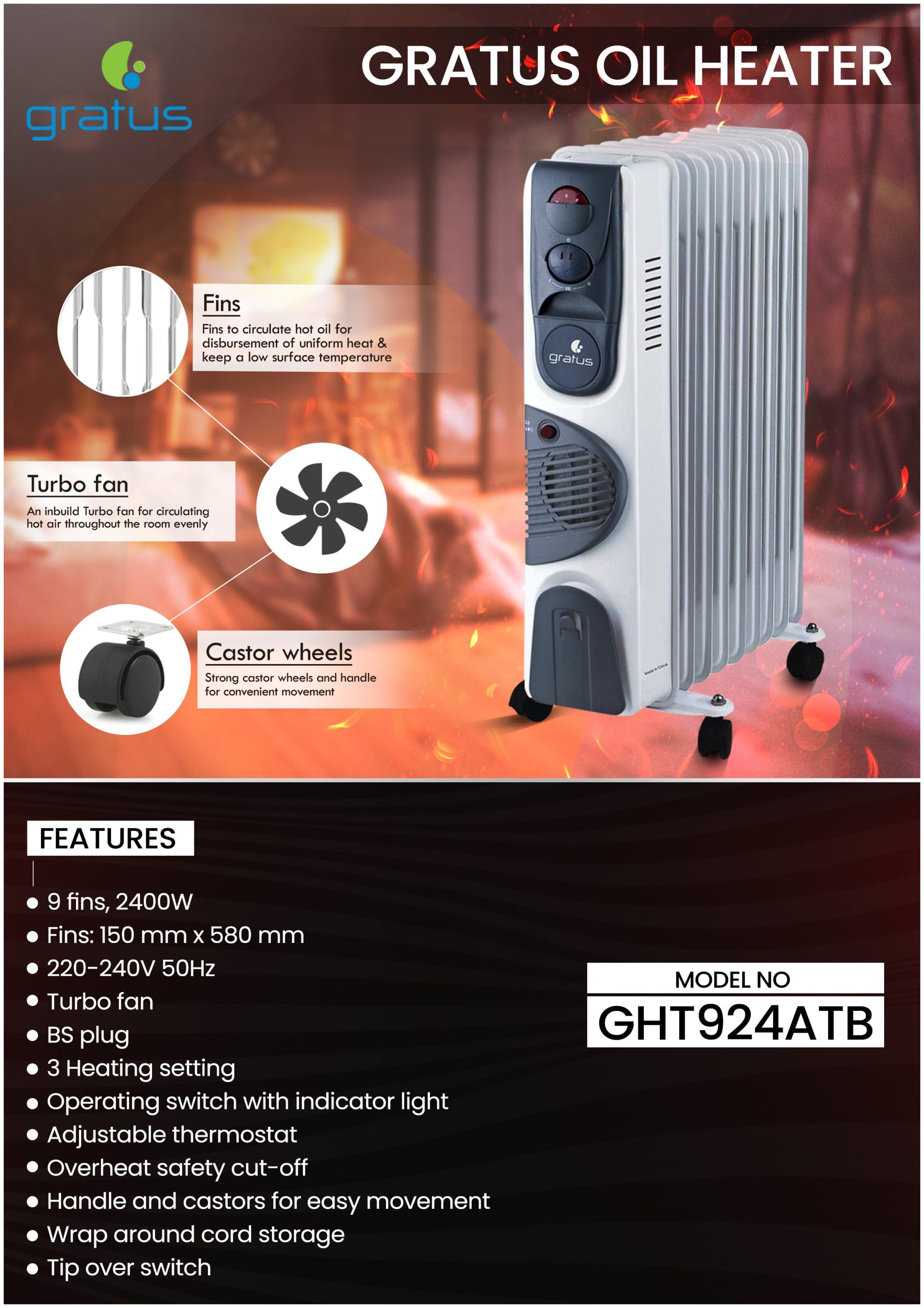 Gratus 9 Fins Oil Heater 2400W with Turbo Fan – GHT924ATB product detail image