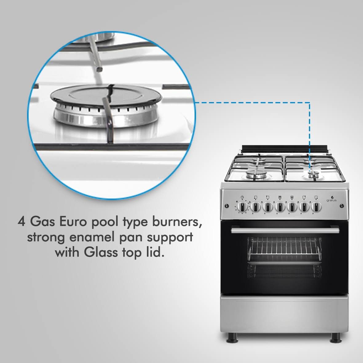 Gratus Bright Series 60 × 60 cm Full Gas Free Standing Cooker with Euro Burners image 2