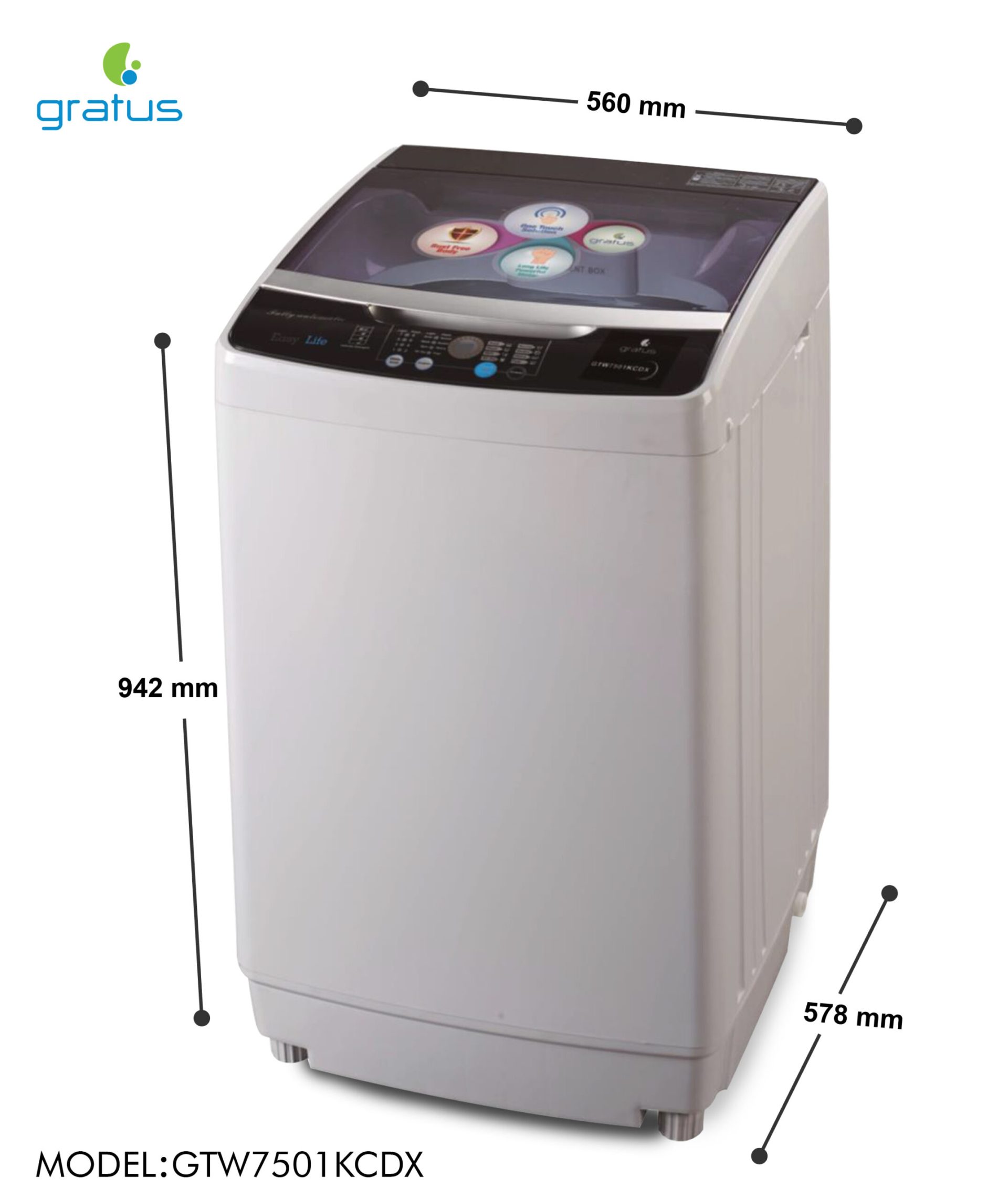 Gratus 7 KG Fully Automatic Top Load Washing Machine (White/Silver) – GTW7501KCDX image 2