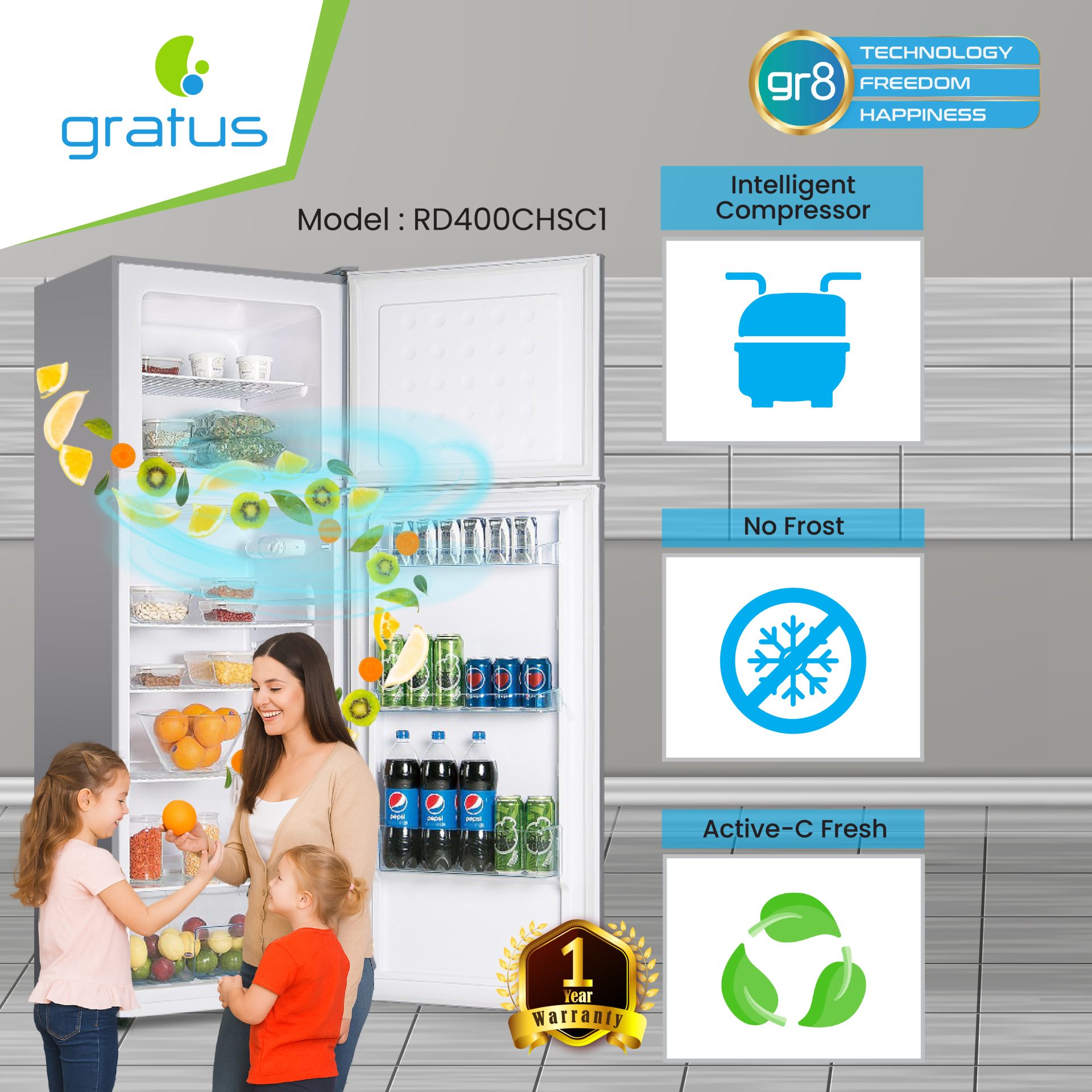 Gratus Top Mount Double Door Refrigerator | Multi-Air Flow | Active-C Fresh | Humidity Control | Inox | RD400CHSC1 image 3