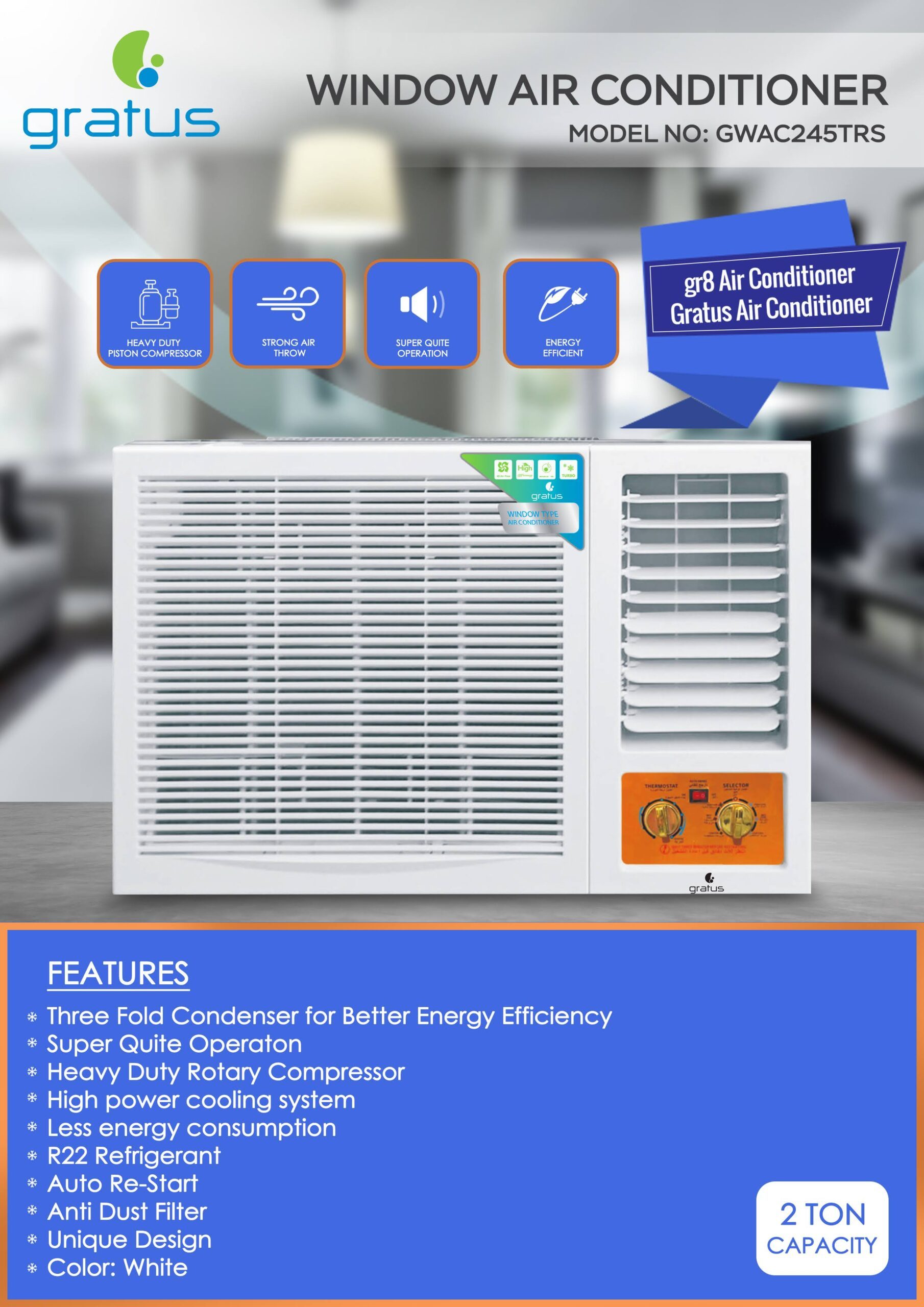 Gratus 1.5 Ton Window Air Conditioner with Heavy-Duty Rotary Compressor & R410A Refrigerant – GWAC185TRS image 4