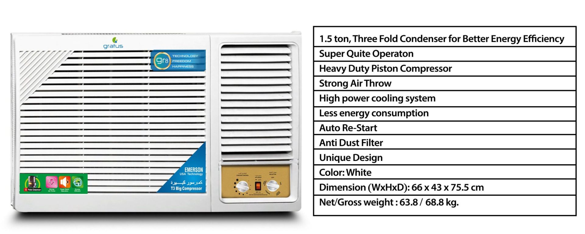 Gratus 1.5 Ton Window Air Conditioner | Heavy-Duty Piston Compressor | R410A Refrigerant | GSACPI18X1 image 4