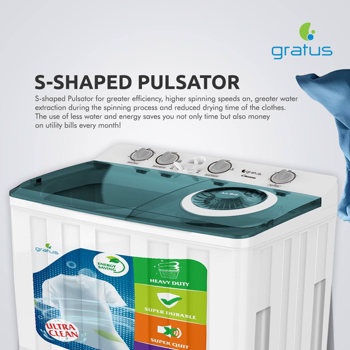Gratus 15 KG Top Load Semi-Automatic Washing Machine (White) image 4