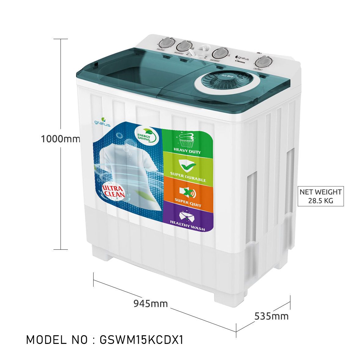 Gratus 15 KG Top Load Semi-Automatic Washing Machine (White) image 8