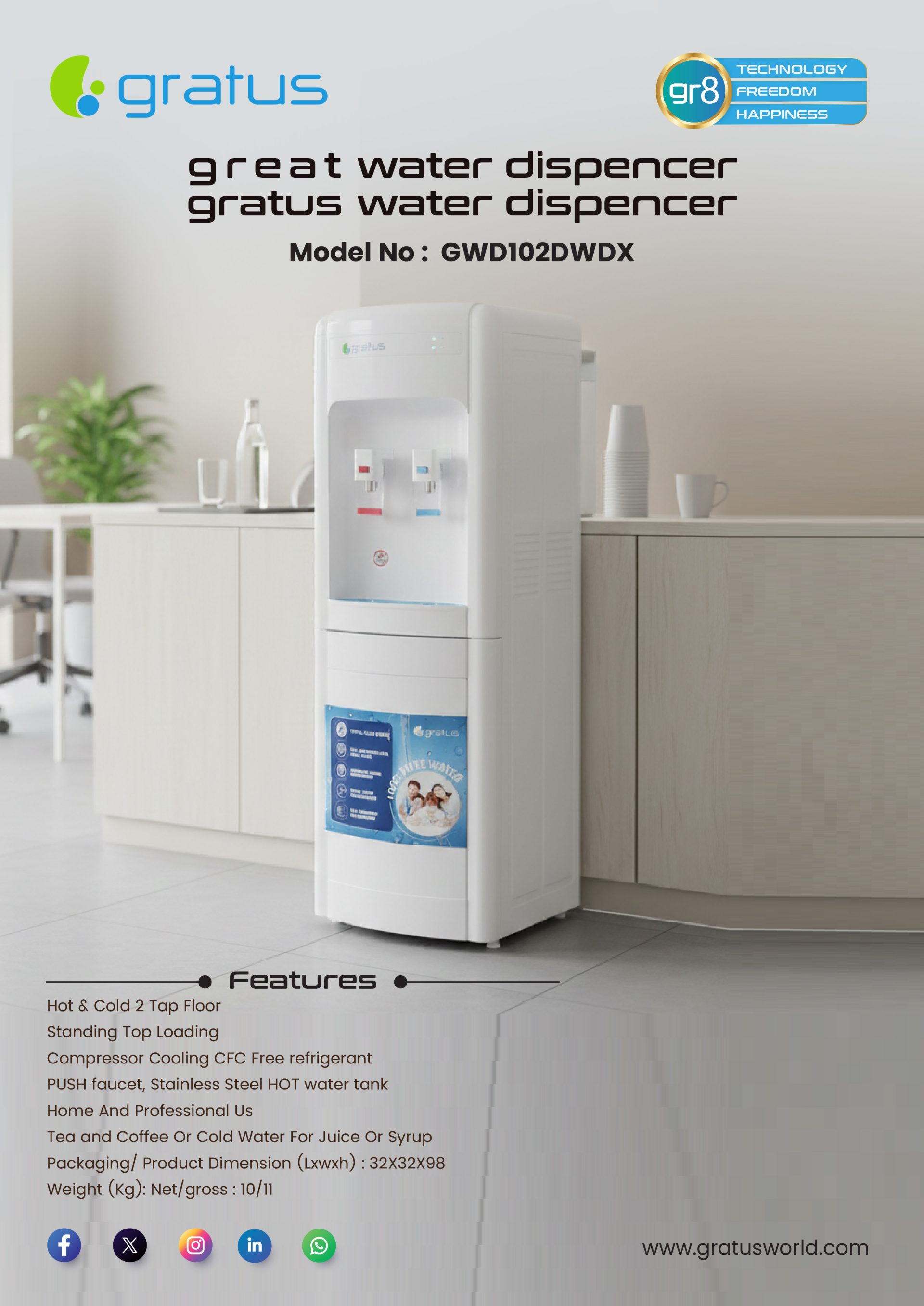 Gratus Hot & Cold 2 Tap Floor Standing Top Loading Water Dispenser | Compressor Cooling | 1-Year Full & 2-Year Compressor Warranty | GWD102DWDX image 2