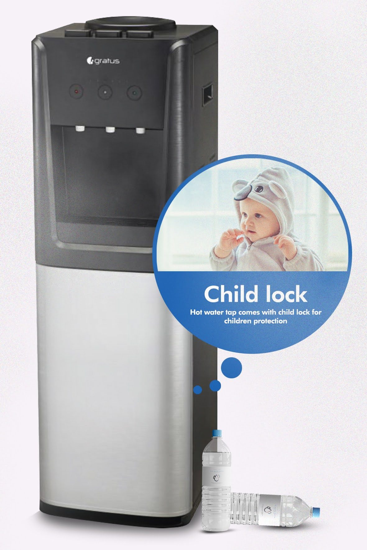 Gratus Hot & Cold 3 Tap Floor Standing Top Loading Water Dispenser With Refrigerator image 5