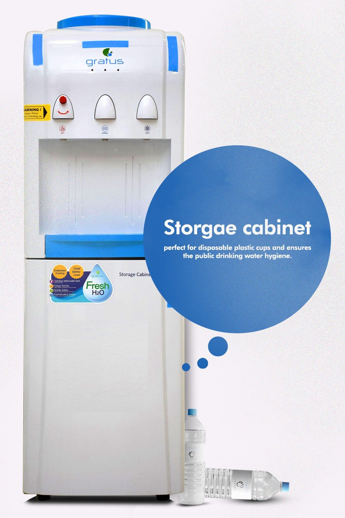 Gratus Hot & Cold 3 Tap Floor Standing Water Dispenser with Storage Cabinet – GWD503VIFCW image 4