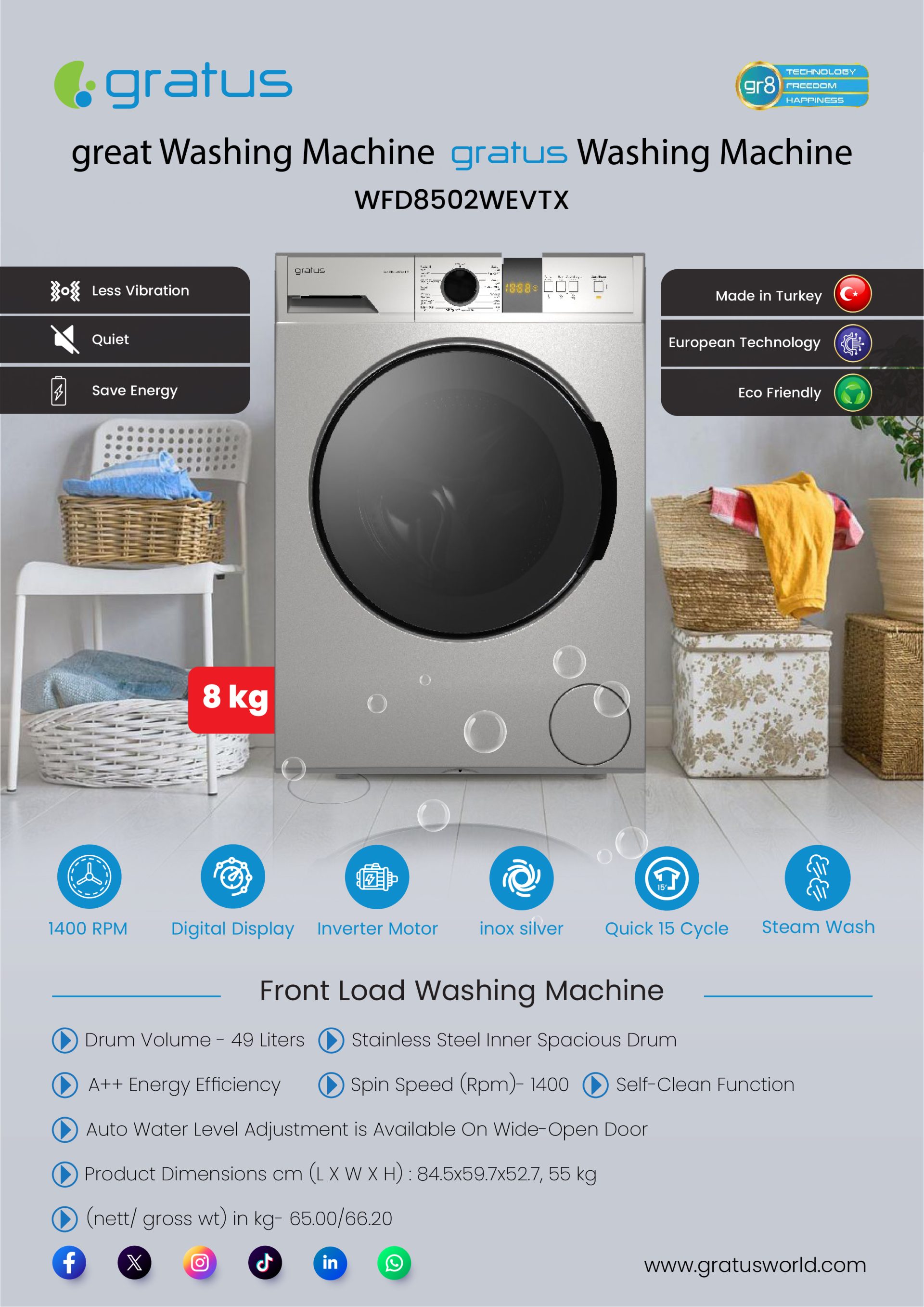 Gratus 8 KG Front Load Washing Machine 1400 RPM & 15 Programs image 9