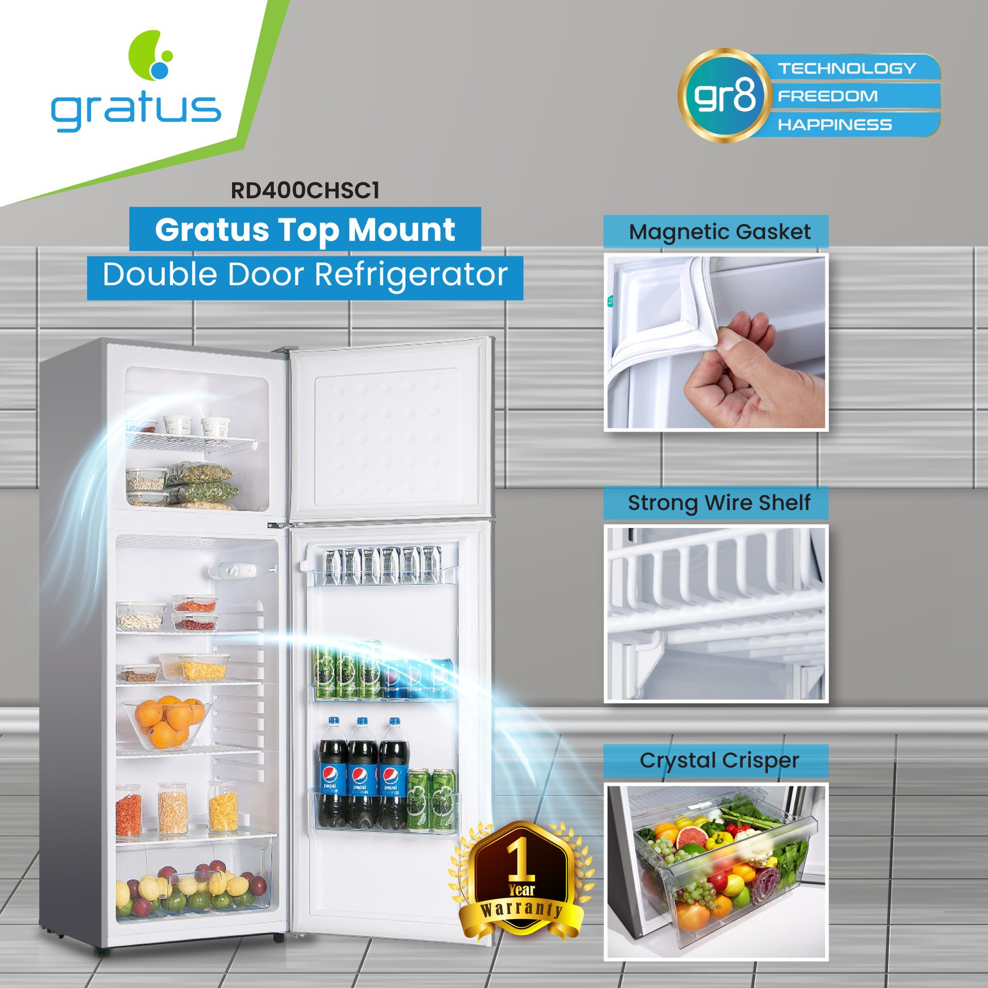 Gratus Top Mount Double Door Refrigerator | Multi-Air Flow | Active-C Fresh | Humidity Control | Inox | RD400CHSC1 image 4
