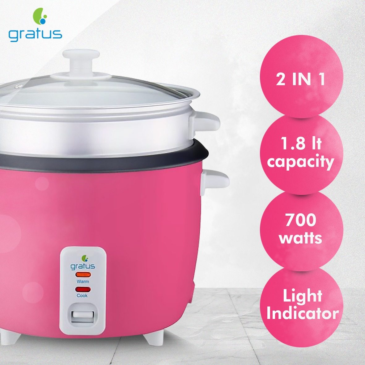 Gratus 2-in-1 Electric Rice Cooker 1.8L with Cook & Keep Warm Function (Pink) – GRC18700GBC image 3
