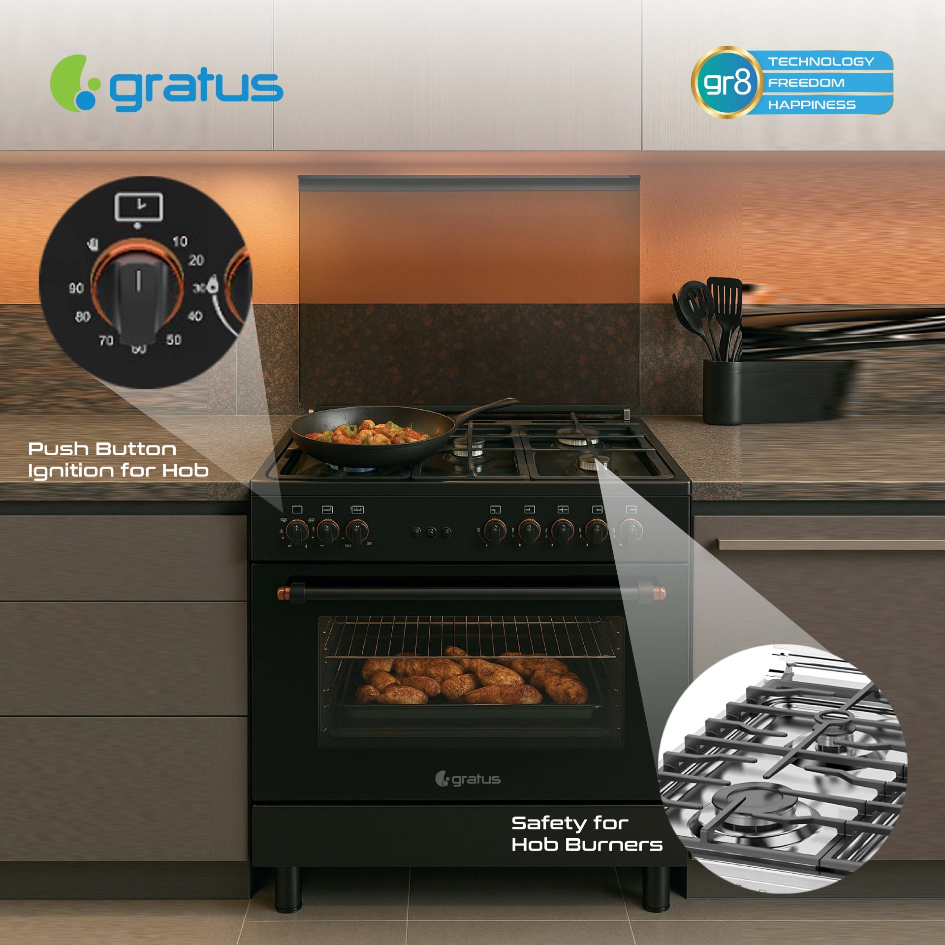 Gratus 90 X 60 cm Free Standing Full Safety Cooker (Black) image 4