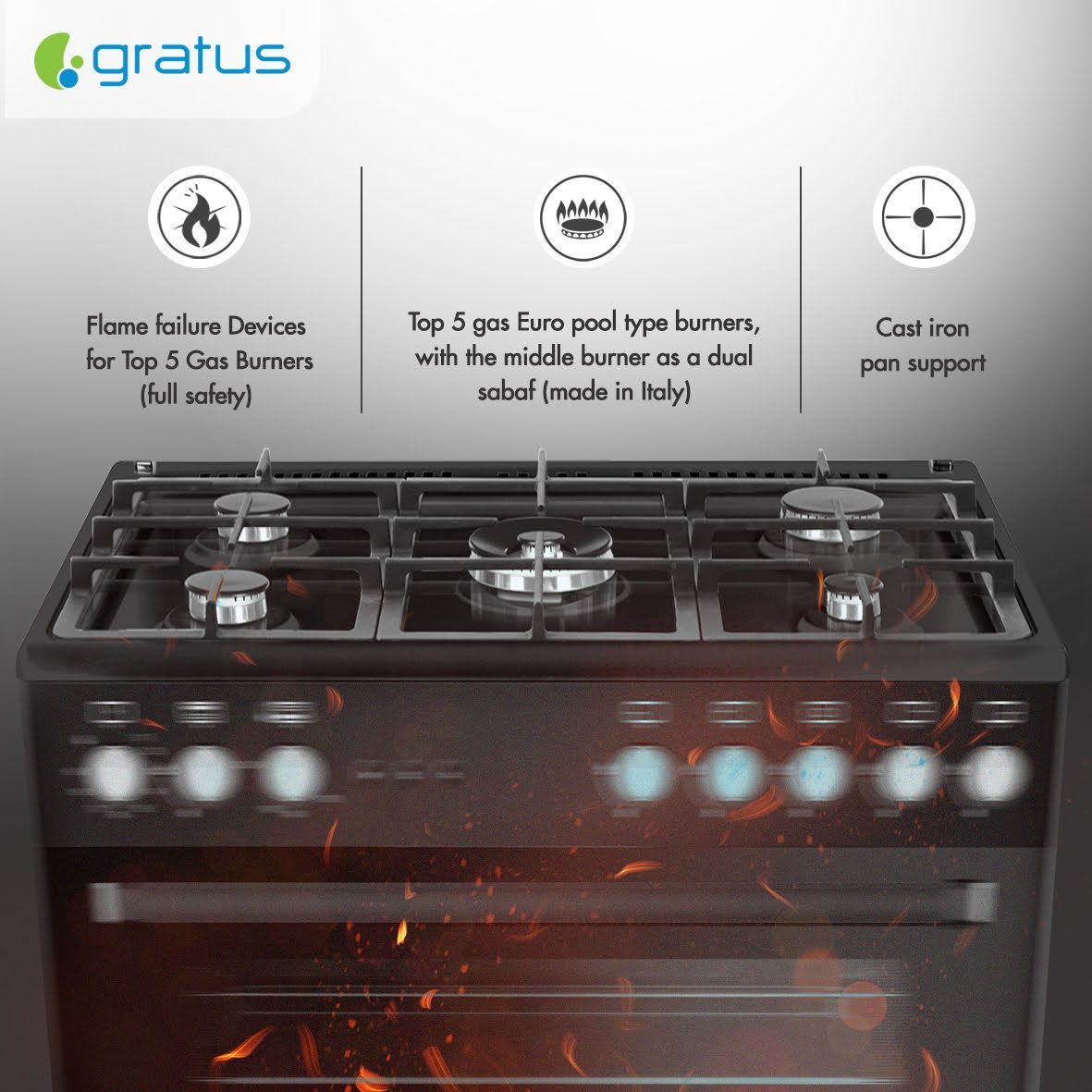 Gratus 90×60 cm Full Safety Free Standing Gas Cooker with 5 Euro Burners (Black) – GGR951F1BS1 image 4