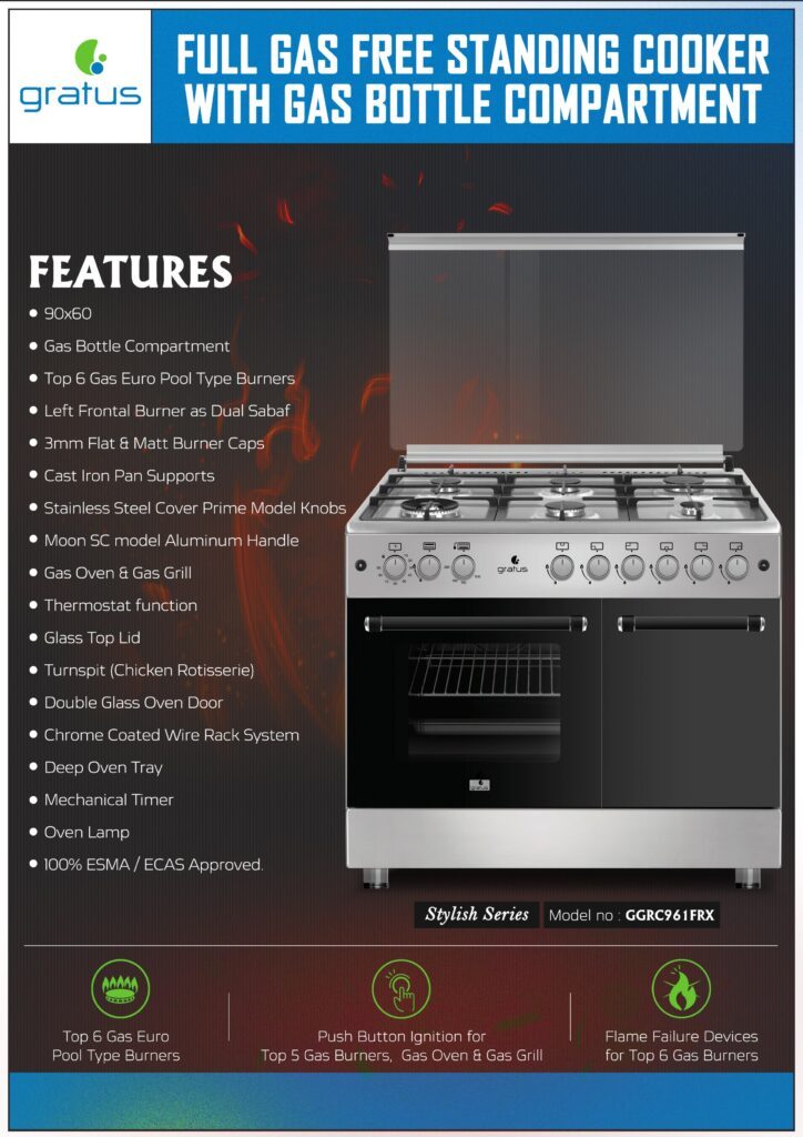 Gratus 90×60 cm 6 Burner Free Standing Gas Cooker with Gas Oven & Grill – GGR961FRTX image 3