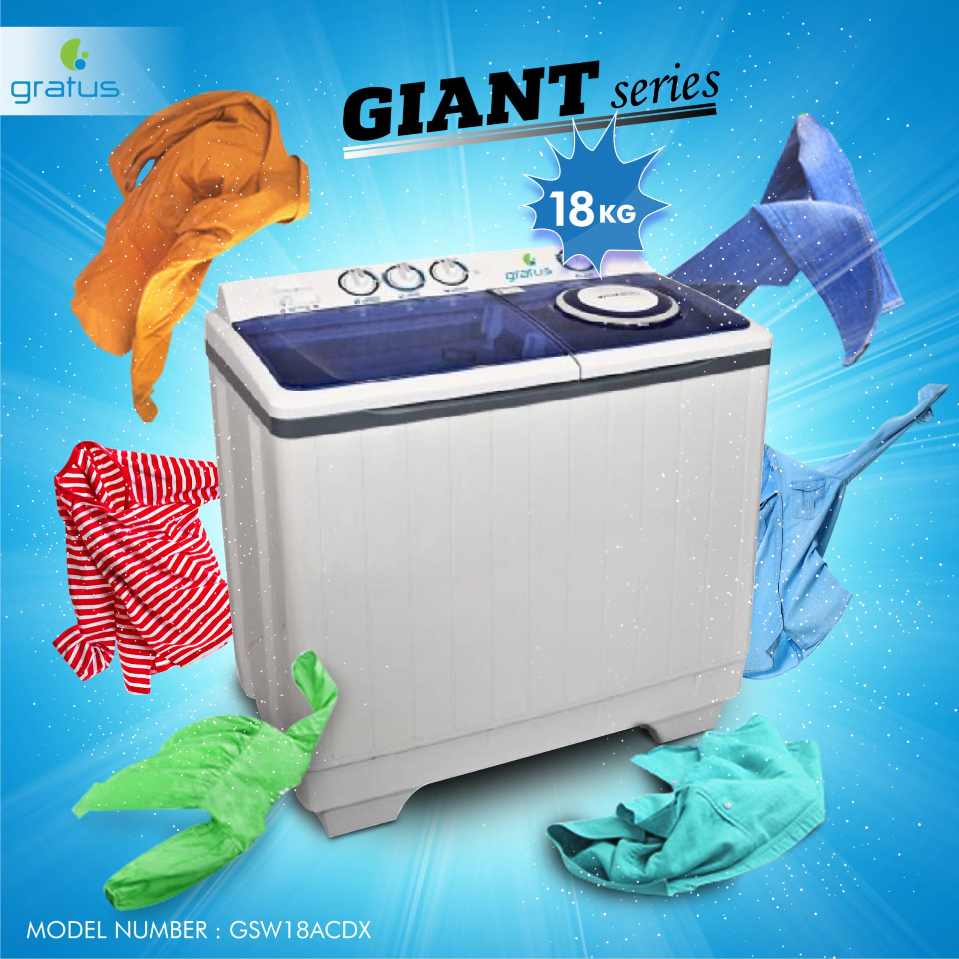 Gratus 18 KG Giant Series Semi-Automatic Twin Tub Top Load Washing Machine – GSW18KCDX image 5