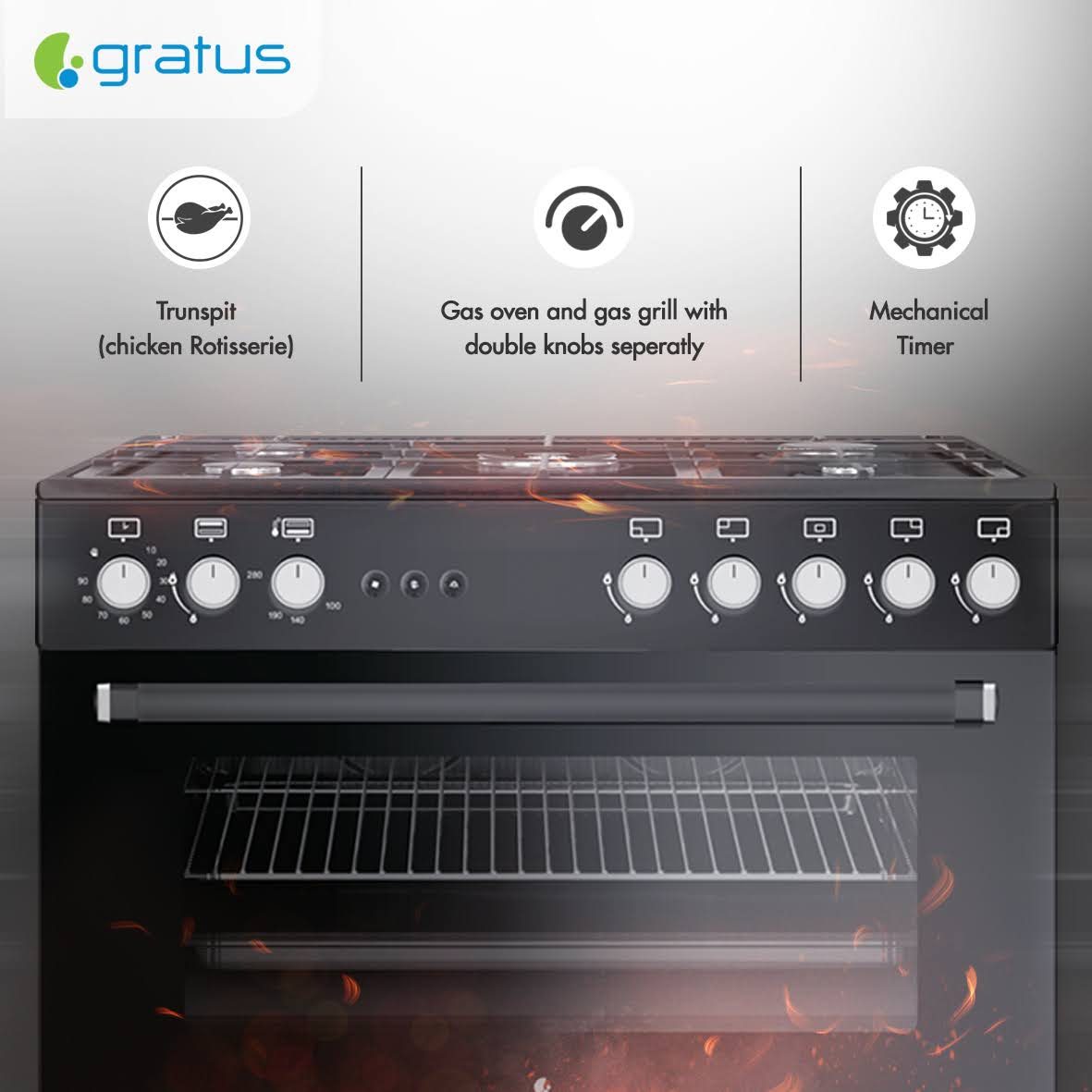 Gratus 90×60 cm Full Safety Free Standing Gas Cooker with 5 Euro Burners (Black) – GGR951F1BS1 image 3