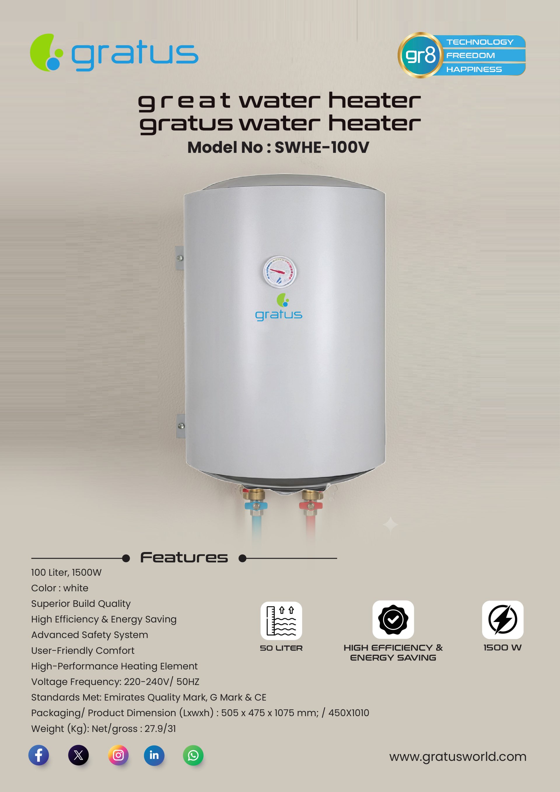 Gratus 100L Vertical Electric Water Heater | 1500W | Glass Enamel Tank | White | SWHE-100V image 2