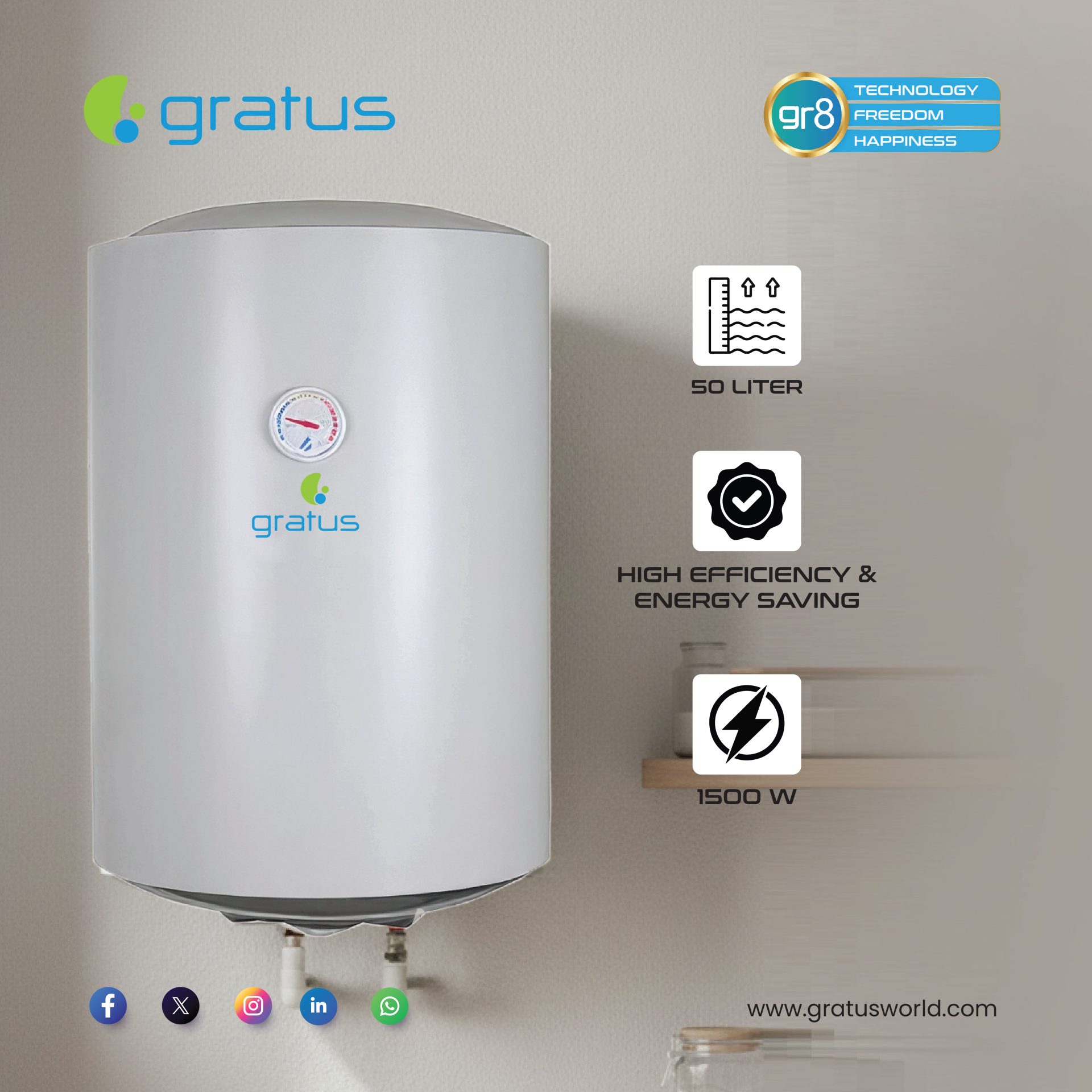 Gratus 50L Vertical Electric Water Heater 1500W White | SWHE-050V image 3