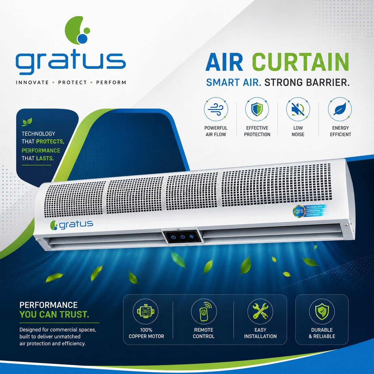 Gratus 180 cm Cross Flow Air Curtain with Wireless Remote Controller product detail image