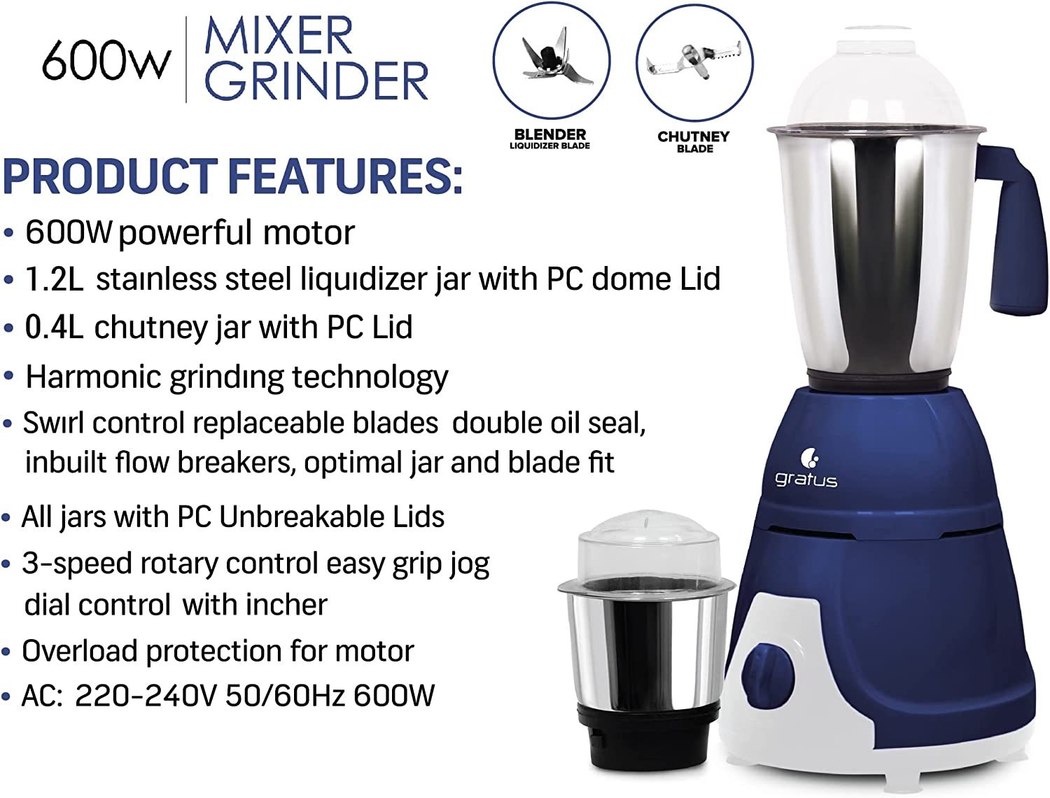 Gratus 600W Mixer Grinder with 2 Stainless Steel Jars image 5