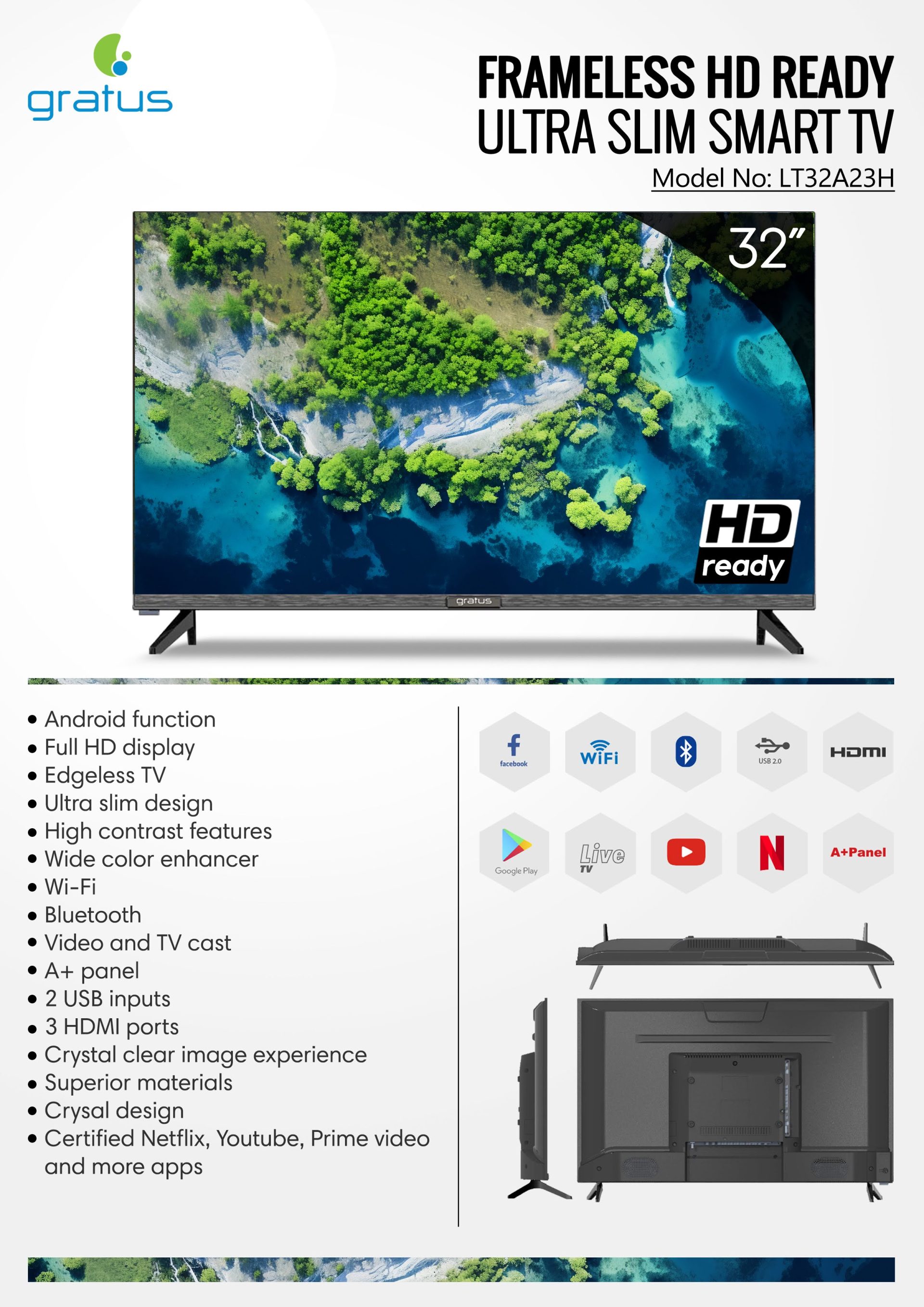 Gratus 32" HD Ready Edgeless Smart Android TV with Built-in DVB-T2/S2 Receiver product detail image