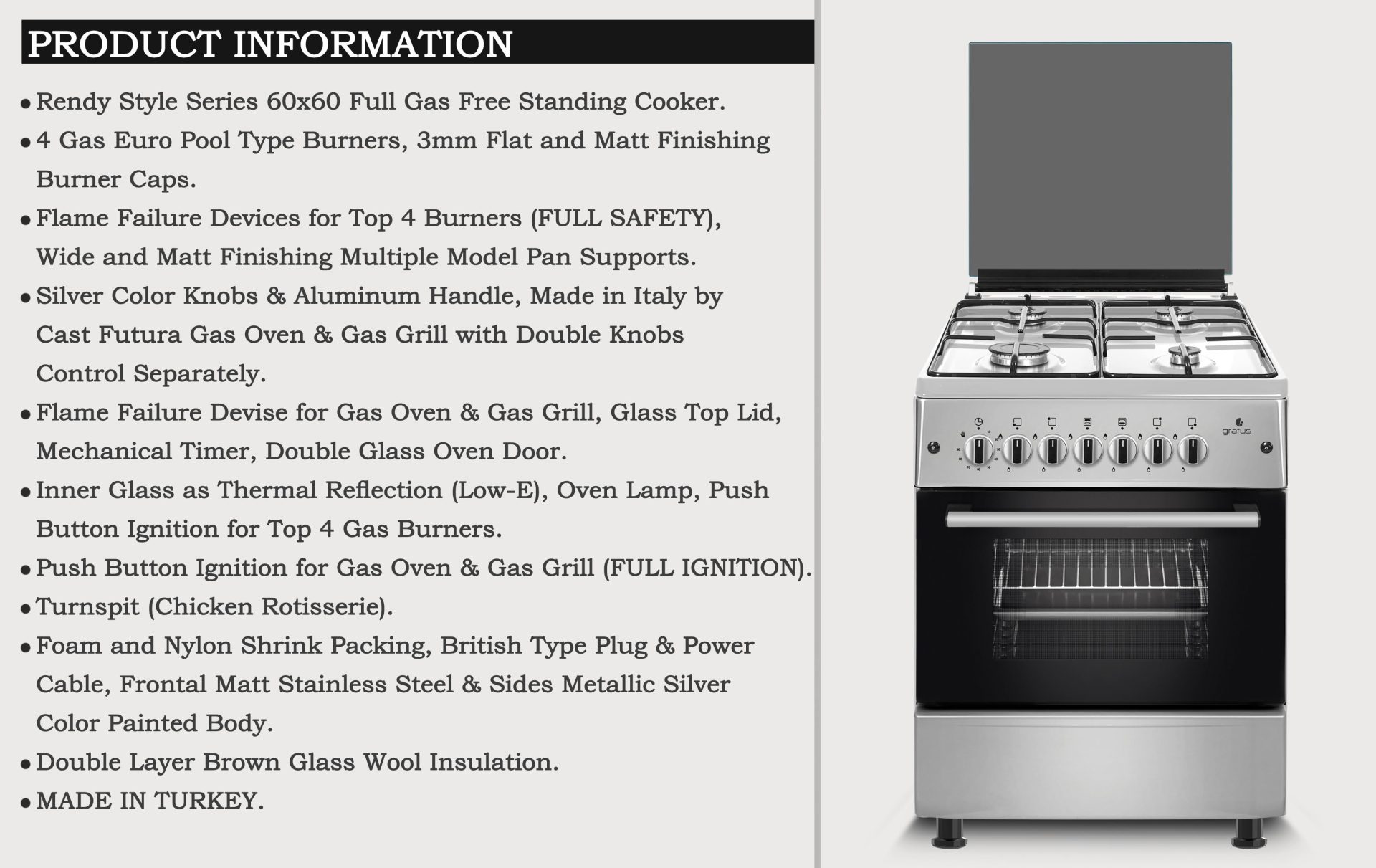 Gratus Bright Series 60×60 Full Gas Free Standing Cooker with Euro Burners – GGR64FRTS2 product detail image