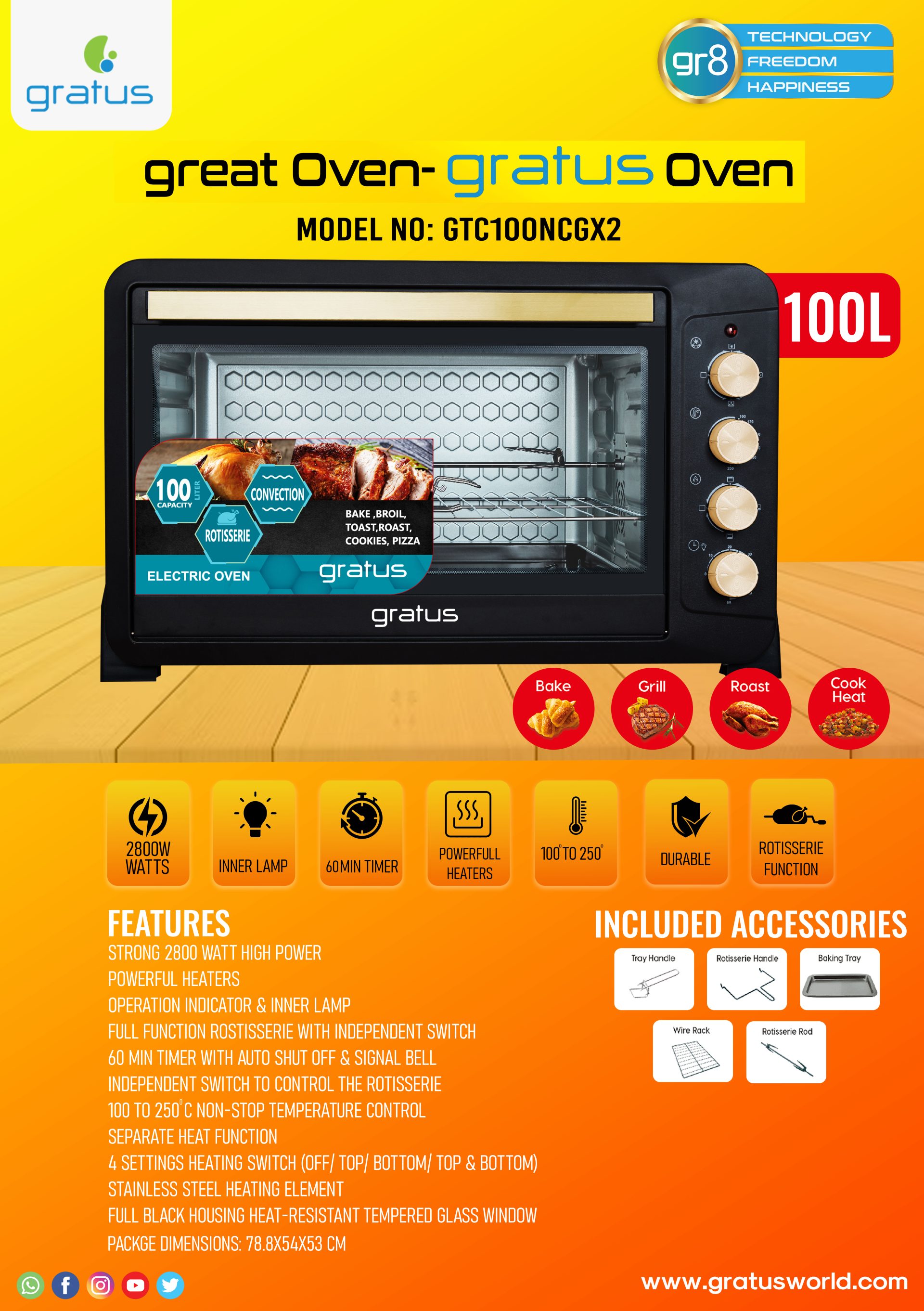 Gratus 100L Electric Oven Toaster Grill with Rotisserie product detail image
