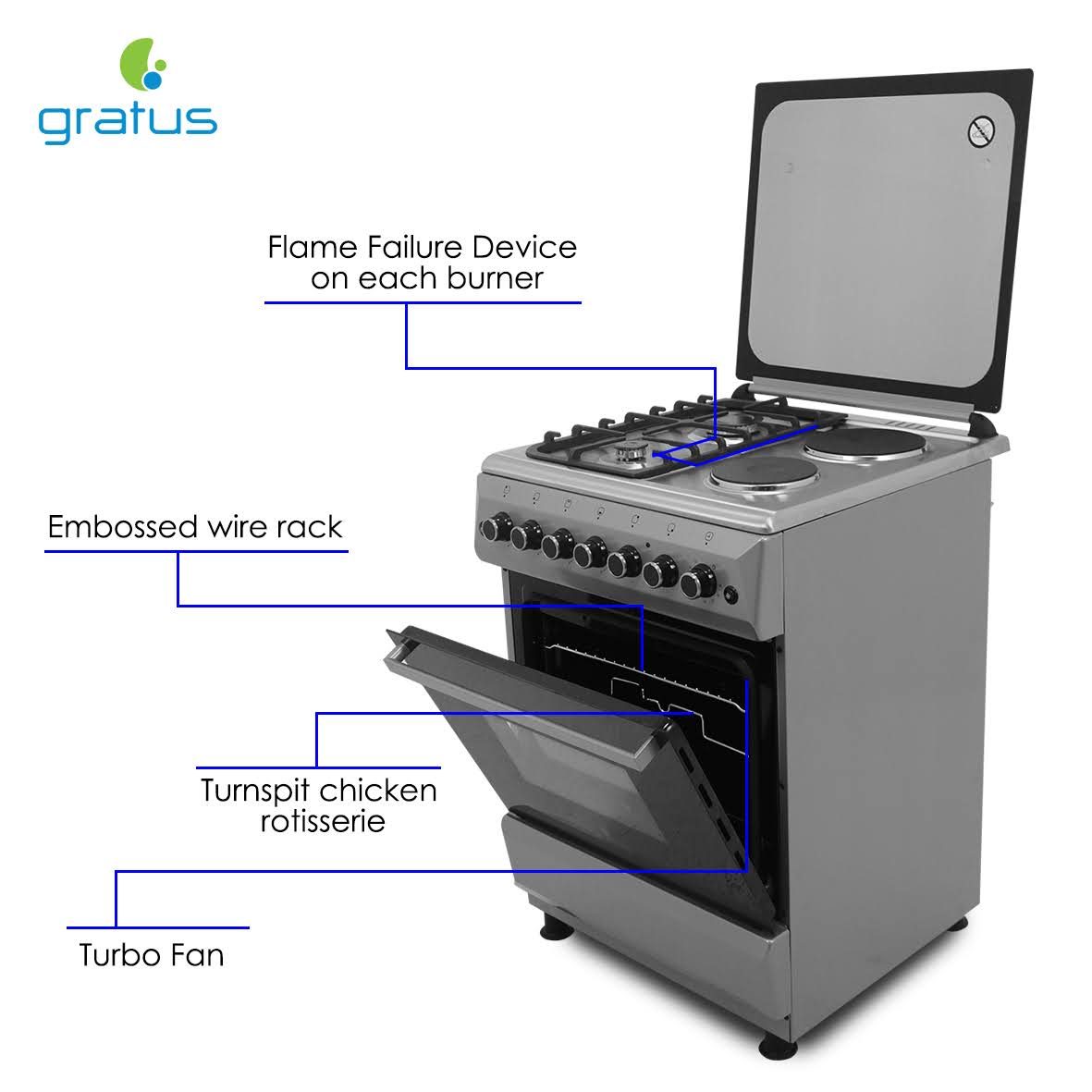 Gratus 60×60 Free Standing Gas Cooker with 2 burner+ 2Hotplate; Turbo Fan image 3