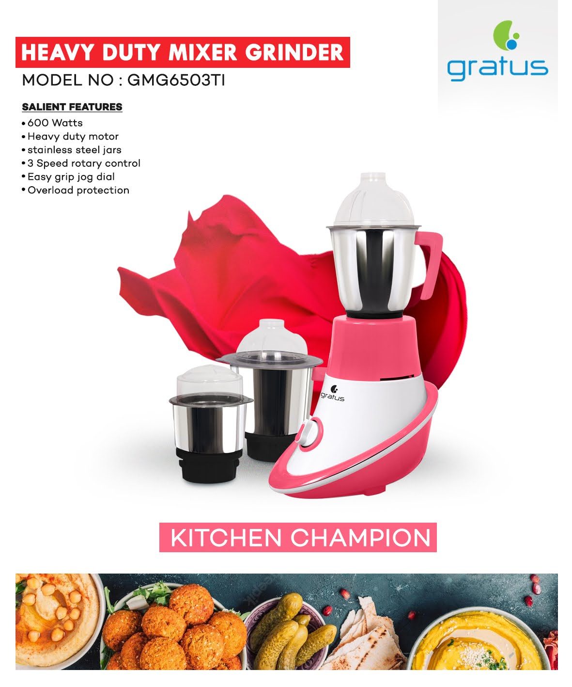 Gratus 600W Mixer Grinder with 3 Stainless Steel Jars & Overload Protection image 4