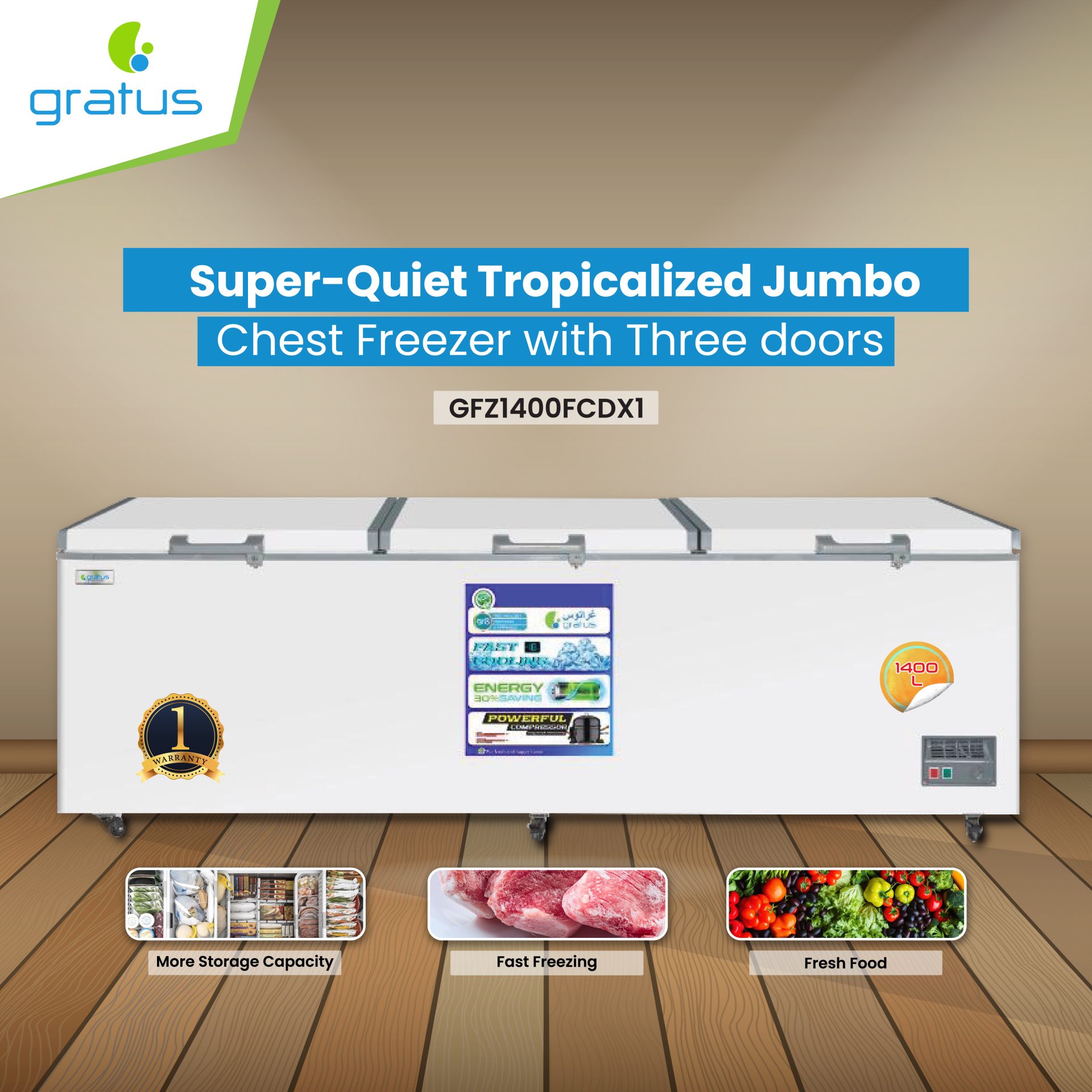 Gratus 1400 L - Super-Quiet Tropicalized Jumbo Chest Freezer with Three doors image 3