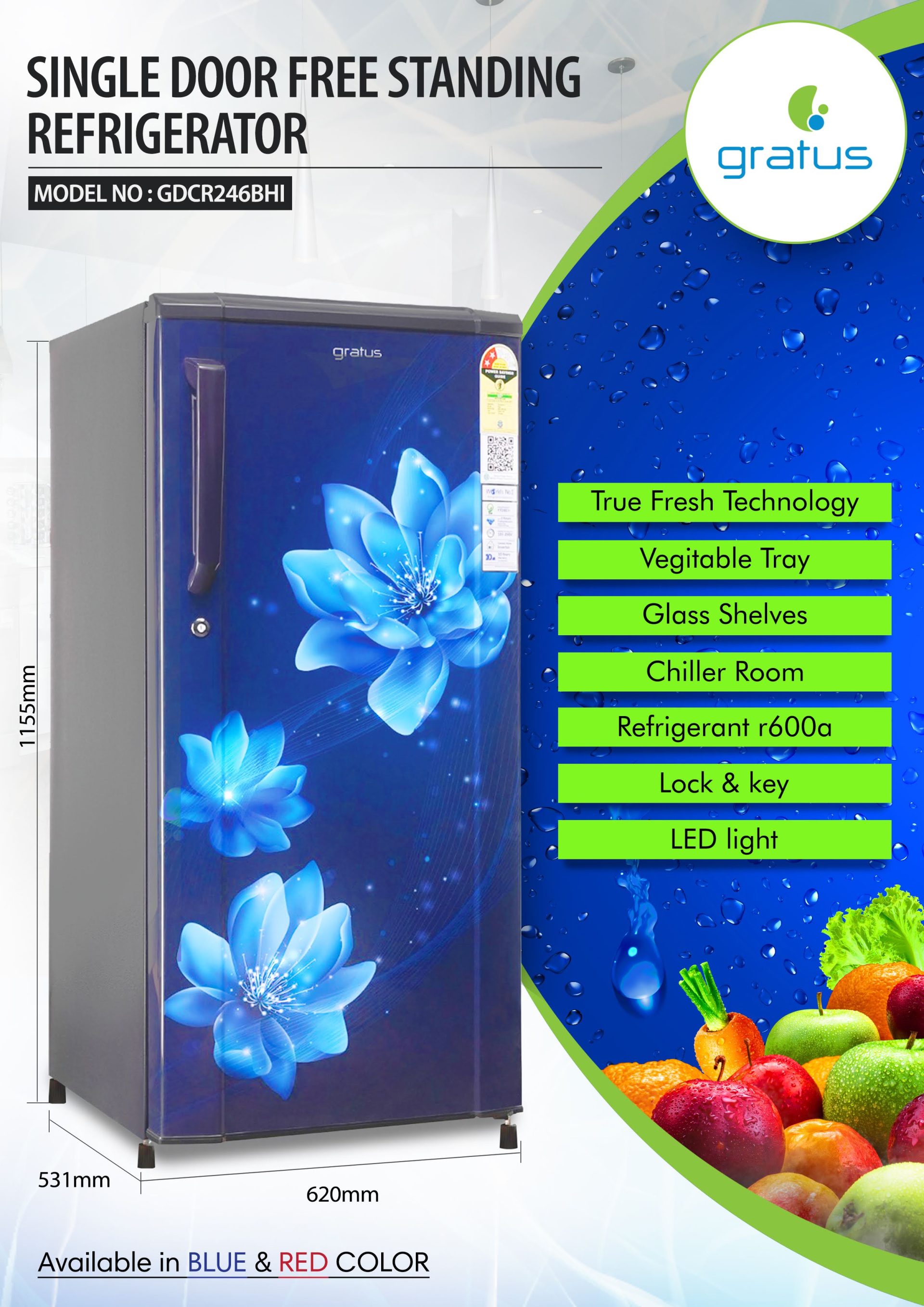 Gratus GDCR246RHI Direct Cool Single Door Refrigerator – Red Opal image 11