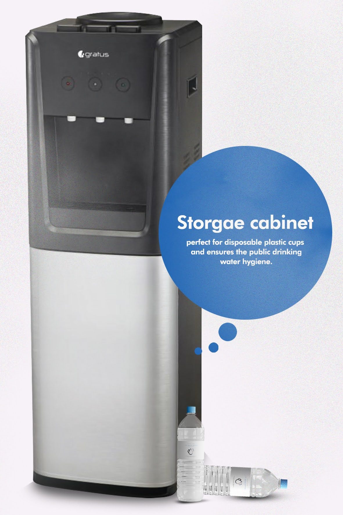 Gratus Hot & Cold 3 Tap Floor Standing Top Loading Water Dispenser With Refrigerator image 3