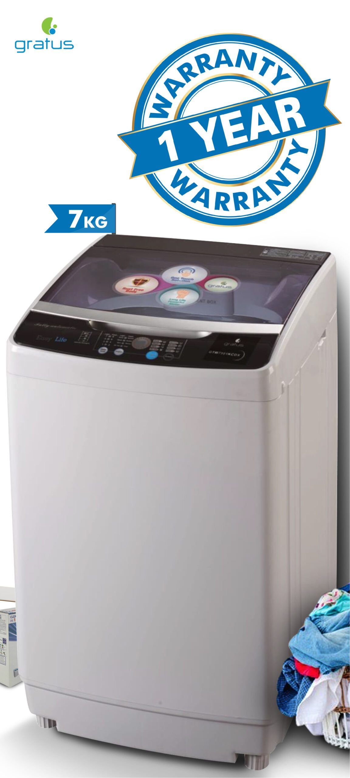 Gratus 7 KG Fully Automatic Top Load Washing Machine (White/Silver) – GTW7501KCDX image 5