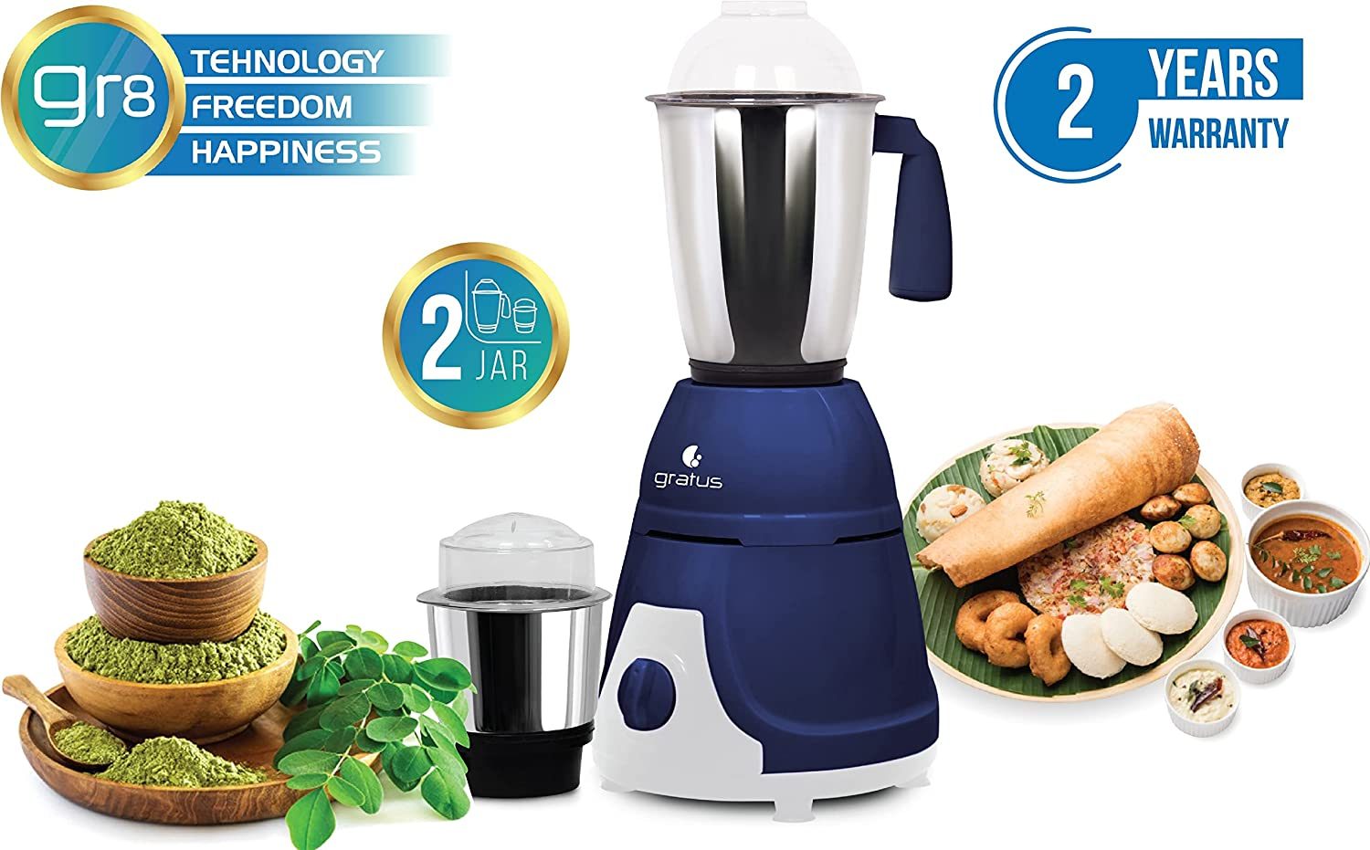 Gratus 600W Mixer Grinder with 2 Stainless Steel Jars image 2