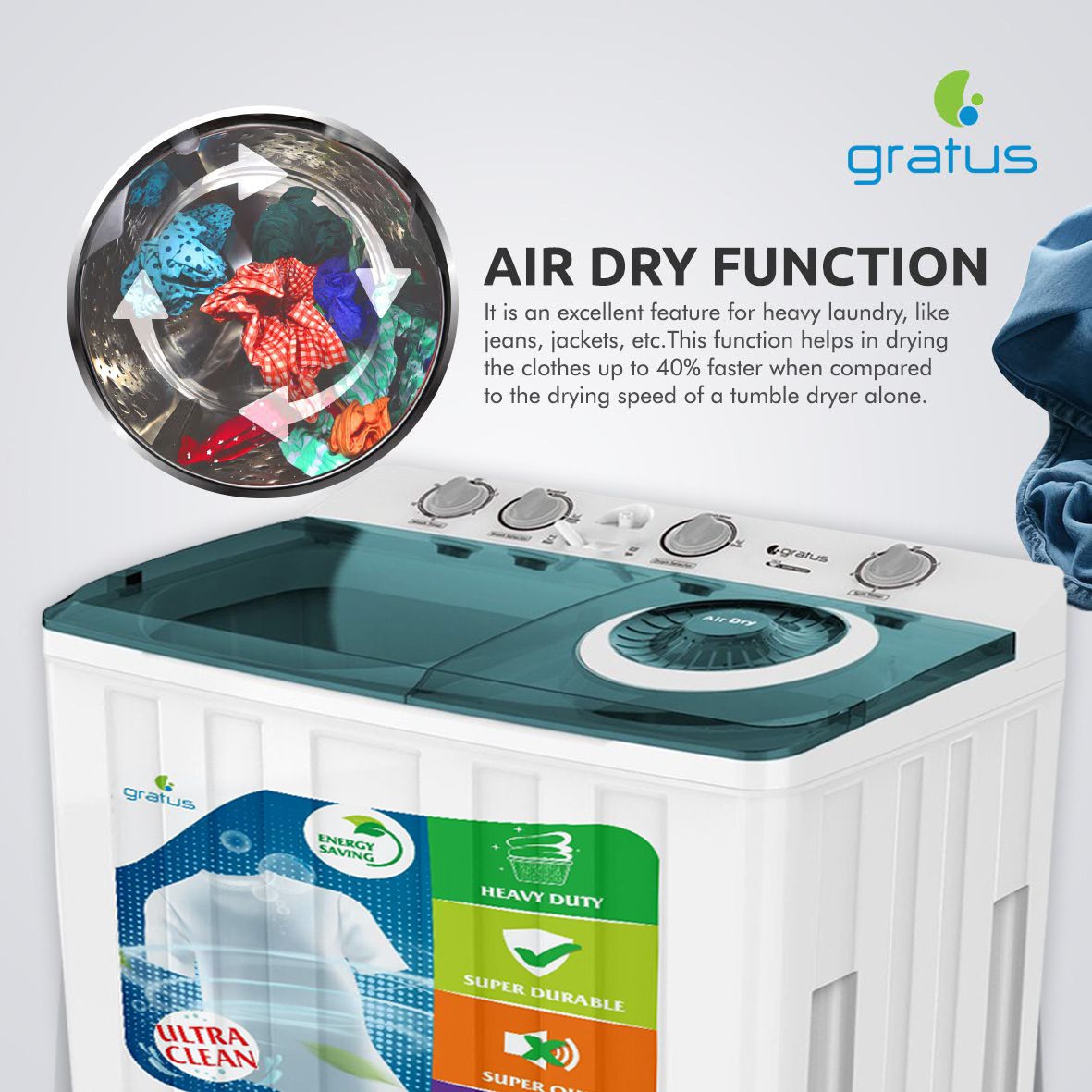 Gratus 15 KG Top Load Semi-Automatic Washing Machine (White) image 5