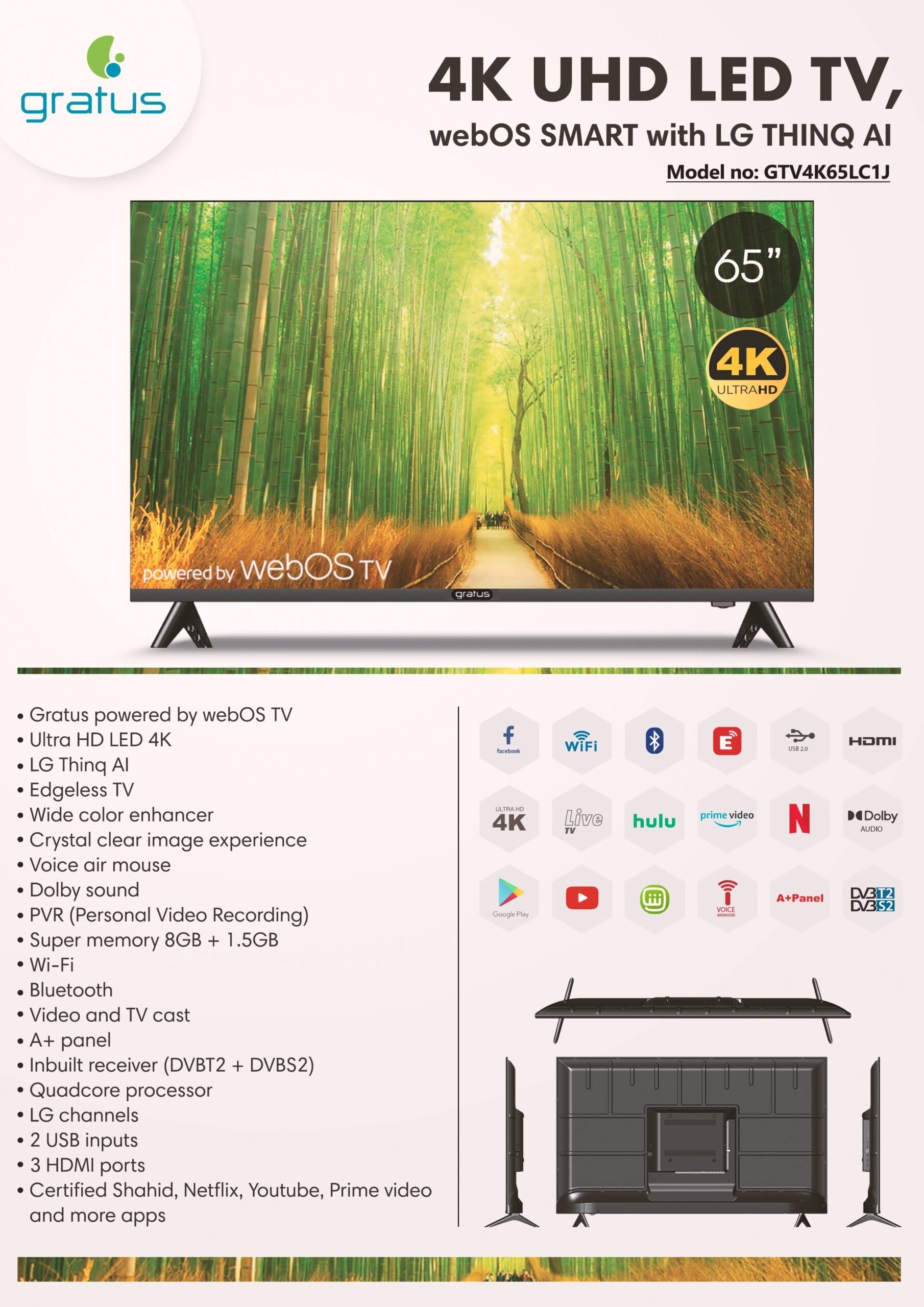 Gratus 65" WebOS Powered 4K Edgeless UHD Smart LED TV with ThinQ AI image 7