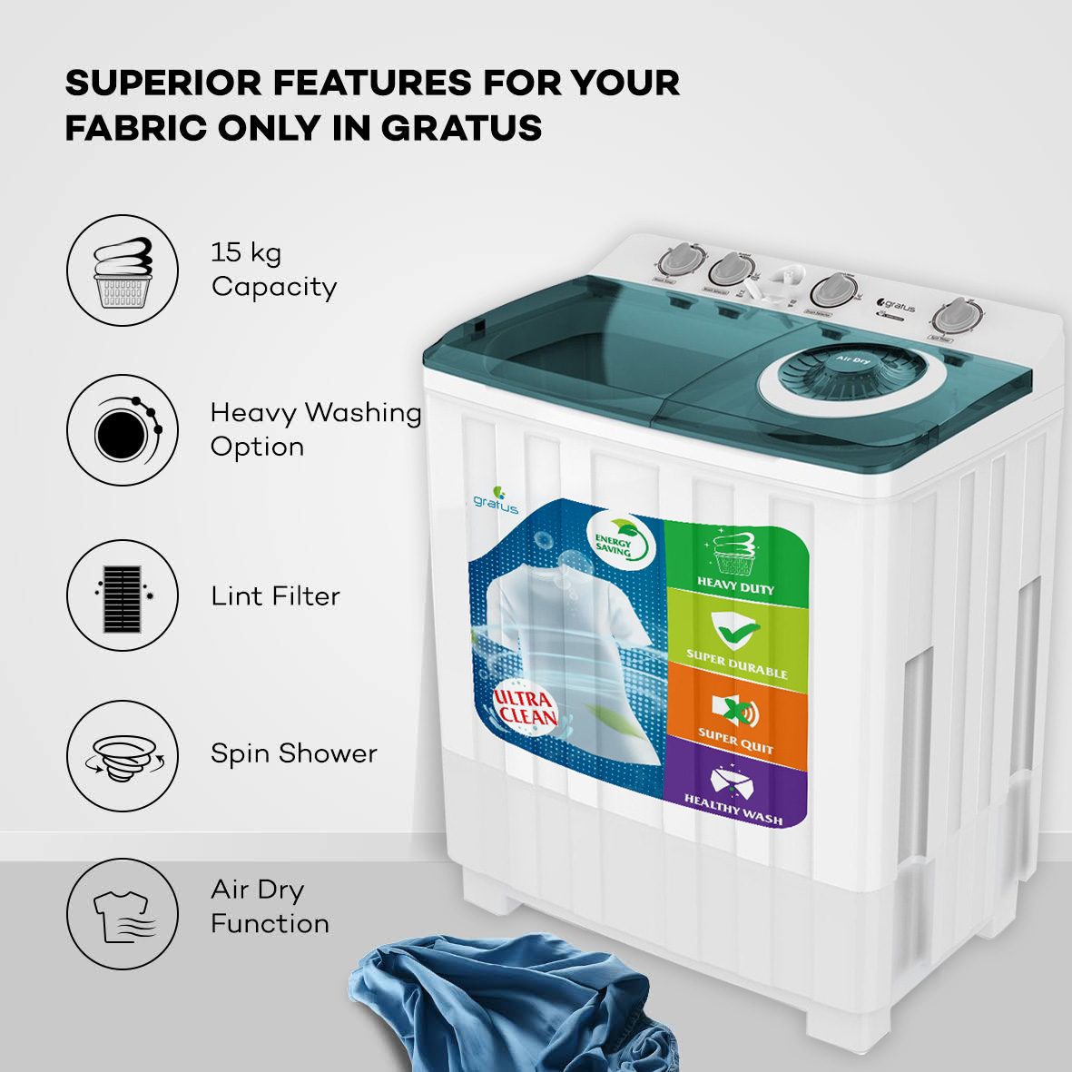 Gratus 15 KG Top Load Semi-Automatic Washing Machine (White) image 7