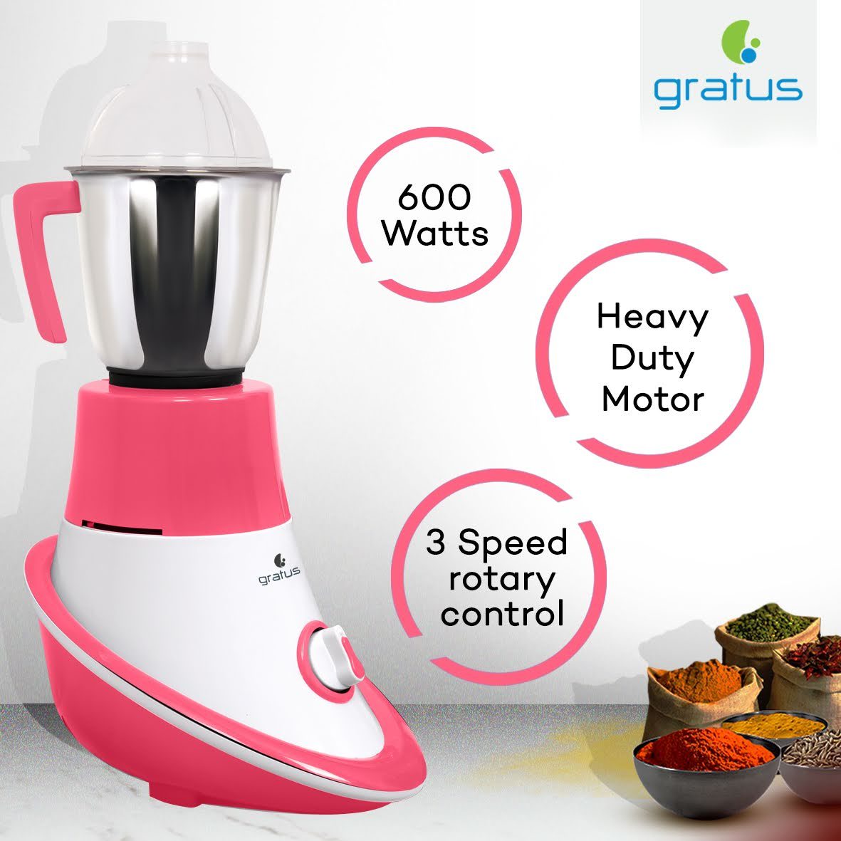 Gratus 600W Mixer Grinder with 3 Stainless Steel Jars & Overload Protection image 2