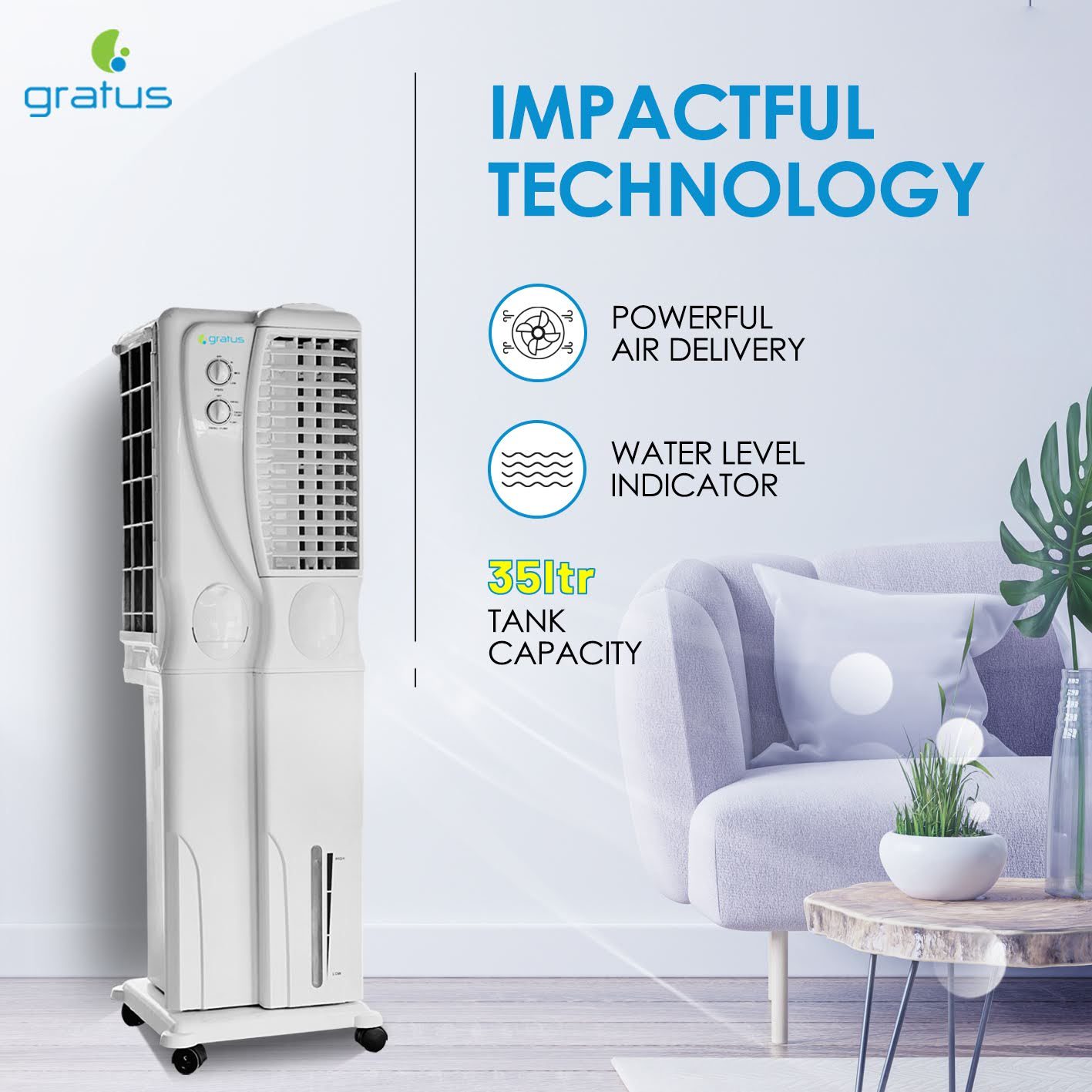 Gratus IceStorm 35L Desert Air Cooler with Honeycomb Cooling Pads – ICESTORM35DX image 5