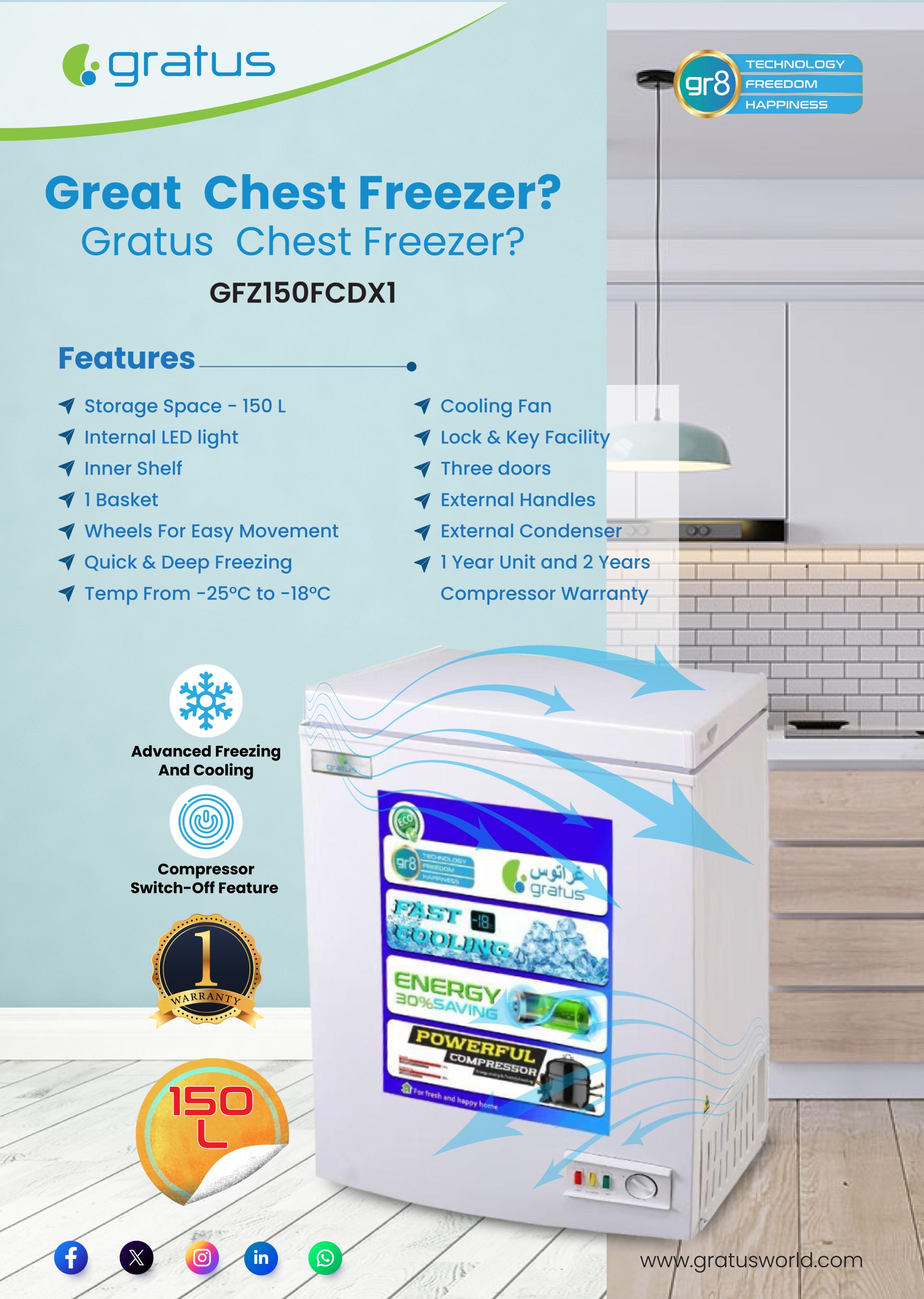 Gratus 150L Tropicalized Chest Freezer with Quick Deep Freezing product detail image