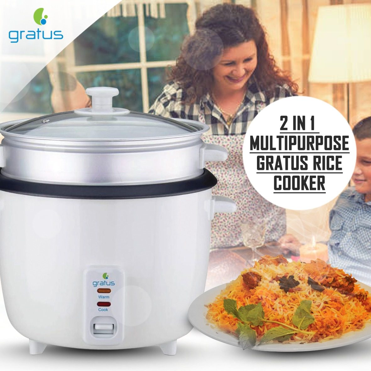 Gratus 2-in-1 Electric Rice Cooker 1.8L with Cook & Keep Warm Function (White) – GRC18700GBC image 5