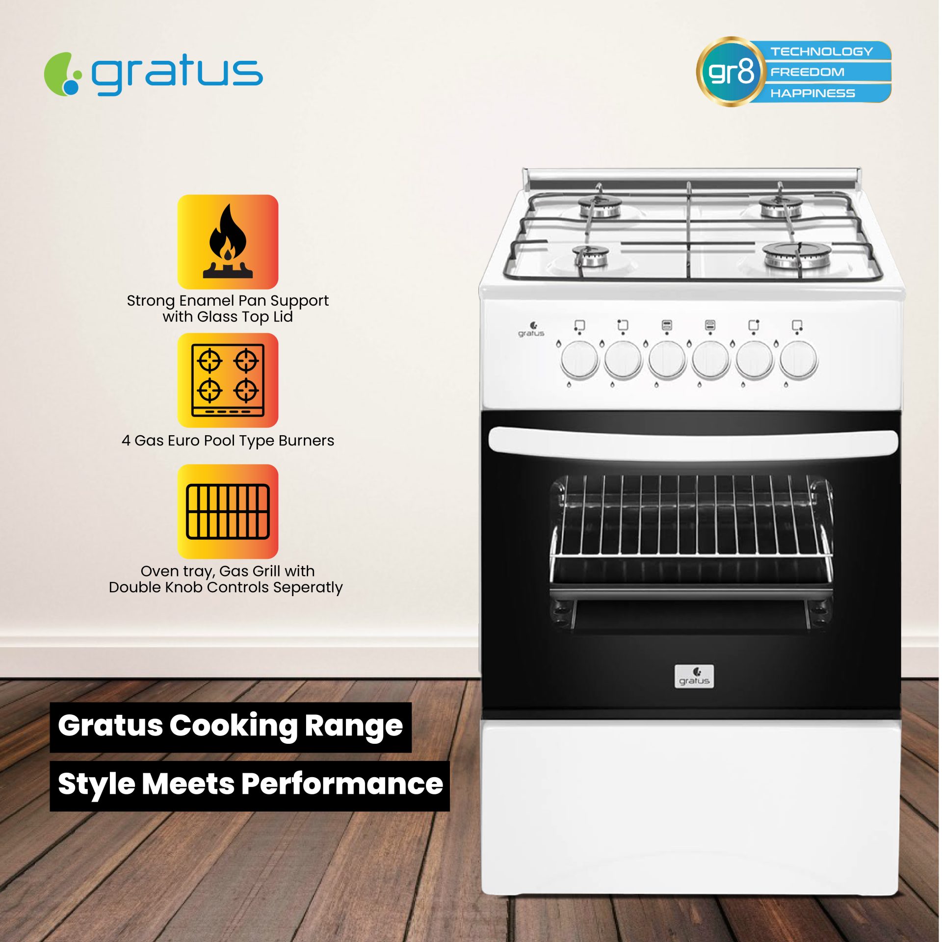Gratus Classic Series 50 × 50 cm Full Gas Free Standing Cooker with Euro Burners product detail image