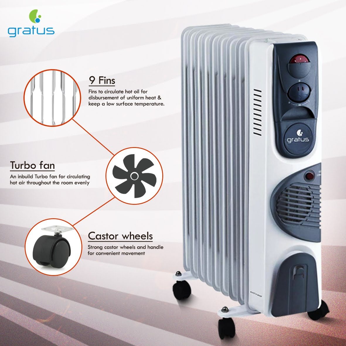 Gratus 9 Fins Oil Heater 2400W with Turbo Fan – GHT924ATB image 3