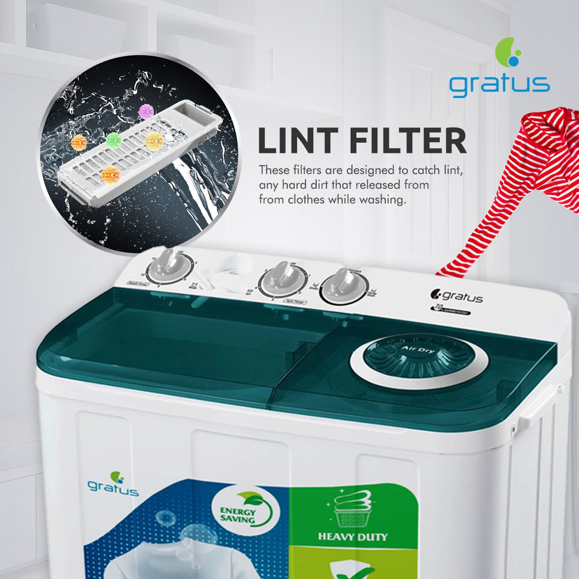 Gratus 7 KG Top Load Semi-Automatic Washing Machine with Spin Dry – GSWM07KCDX1 image 6